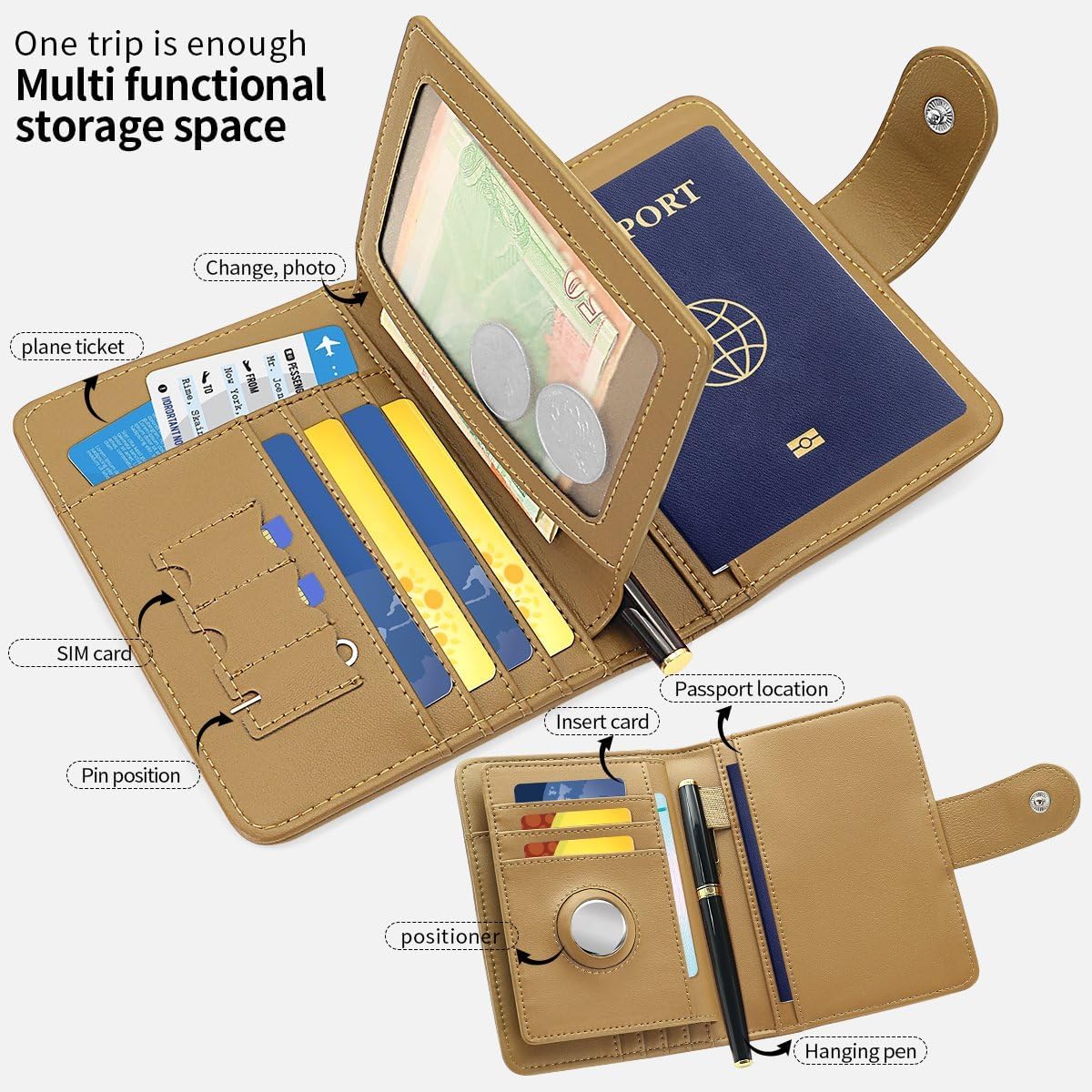 Passport Holder Wallet Bag with AirTag Holder, Card Slots and Passport Solt Ticket Cash Solt, Photo Solt Sim Card Pen Slot.Apricot