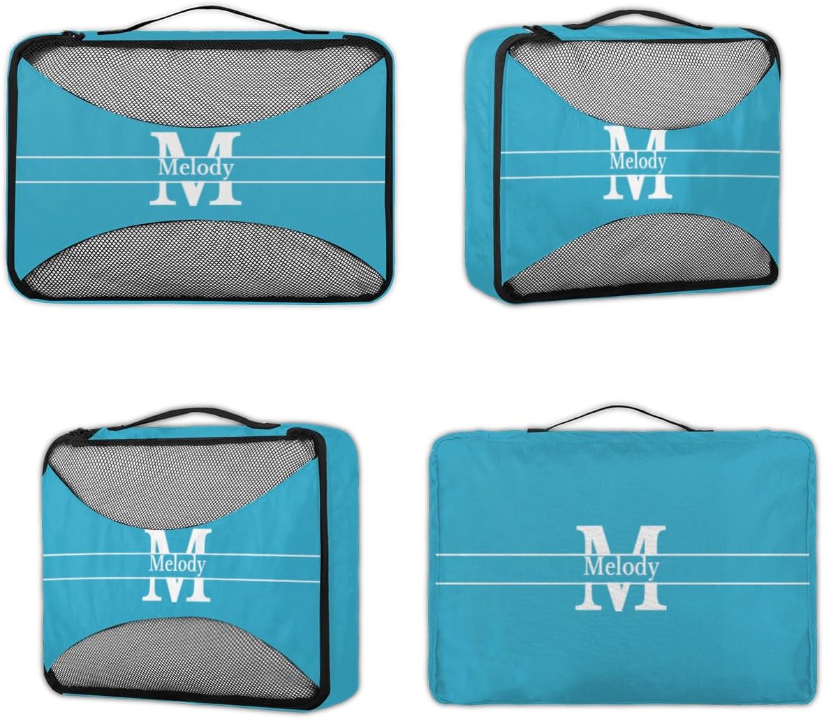Custom 4 Packing Cubes Set, Lightweight Mesh Travel Luggage Organizers for Travel, Lake Blue Initial Letter 4 Pieces Suitcase Storage Bags