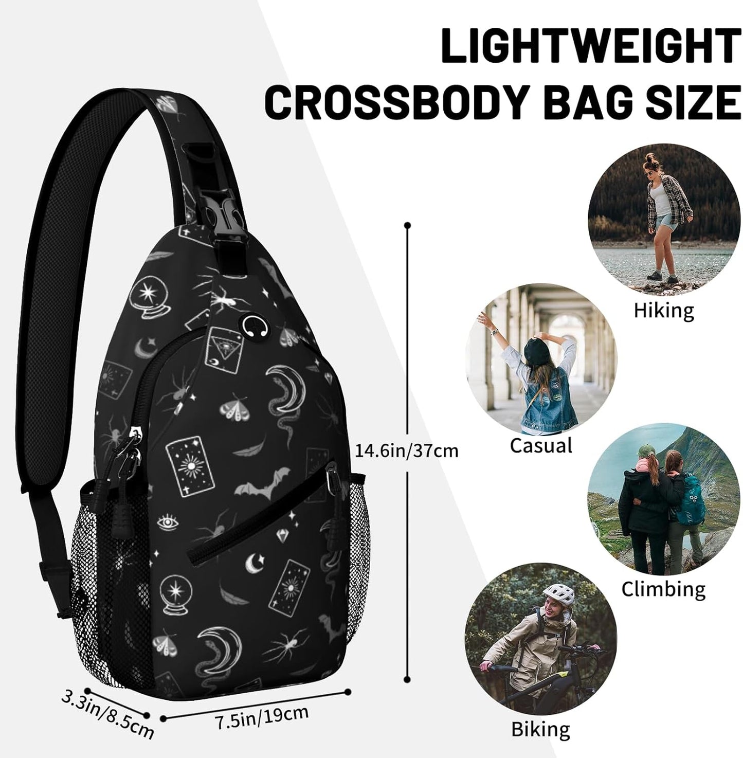 Black Gothic Sling Bag Crossbody Chest Bag for Women Men, Water Resistant Lightweight Casual Crossbody Bag with Adjustable Strap, Travel Hiking Daypack Shoulder Backpack