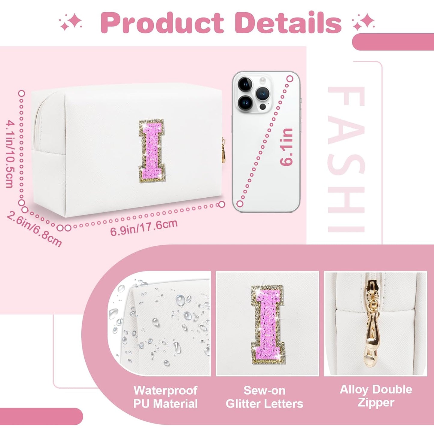 Small Initial Patch Makeup Bag Personalized Gifts Make Up Bag,White Cute PU Leather Glitter Letter Cosmetic Bag with Zipper,Trendy Portable Travel Toiletry Pouch,Preppy Stuff for Teen Girls Women I