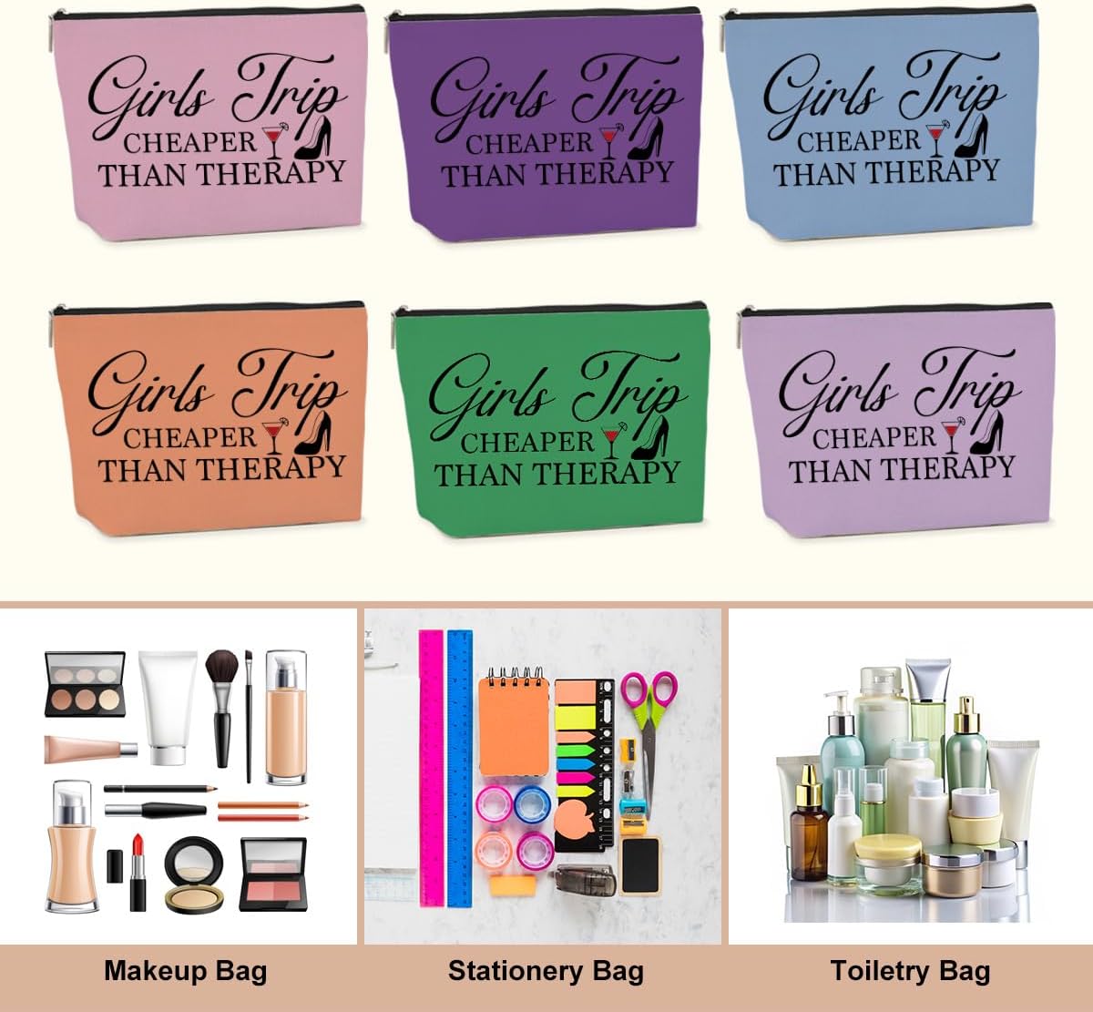 6PCS Girls Trip Cosmetic Bag - Travel, Makeup, Toiletry - Water Resistant, Durable Canvas - 9.8x7.2x2 inches - Unisex - Fashion Pattern for Women