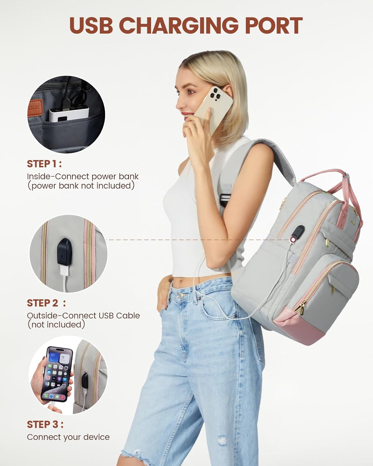 LOVEVOOK Laptop Backpack for Women, Large Capacity Travel Anti-Theft Bag Business Work Computer Backpacks Purse, Casual Hiking Daypack, 15.6 Inch, Light Grey-Pink