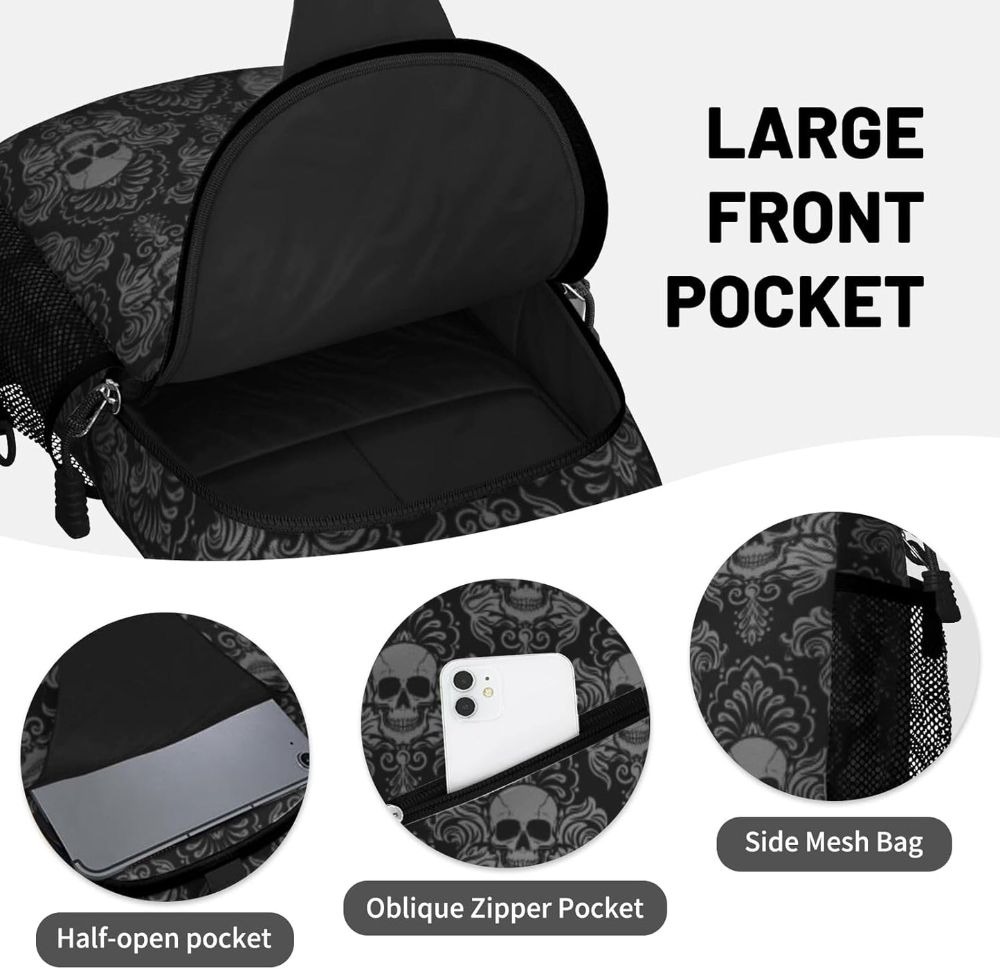 Black Skull Sling Bag Crossbody Chest Bag for Women Men, Water Resistant Lightweight Casual Crossbody Bag with Adjustable Strap, Travel Hiking Daypack Shoulder Backpack