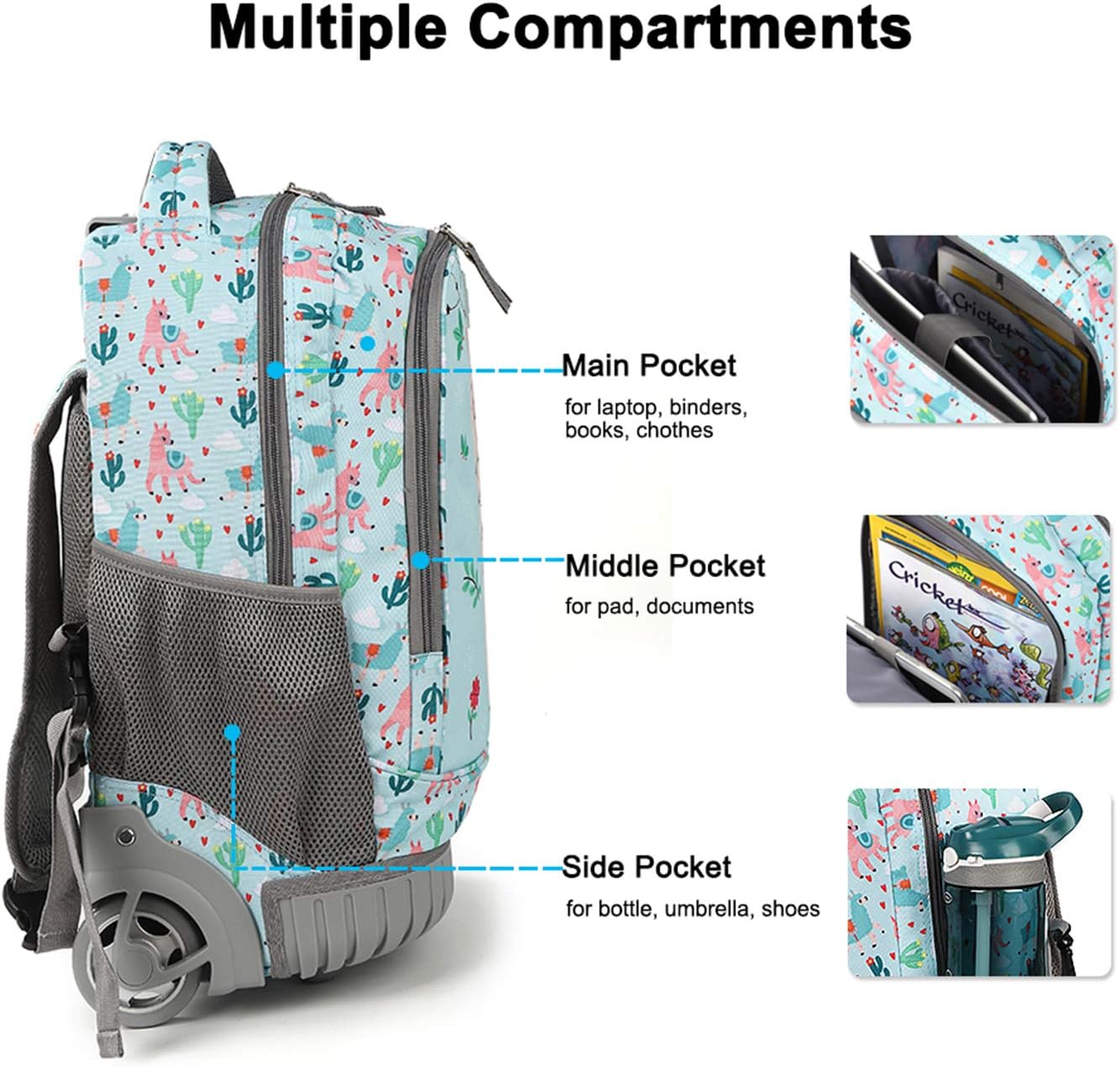 Tilami Rolling Backpack 19 inch Wheeled Cute LAPTOP Boys Girls Travel School Student Trip (Alpaca)
