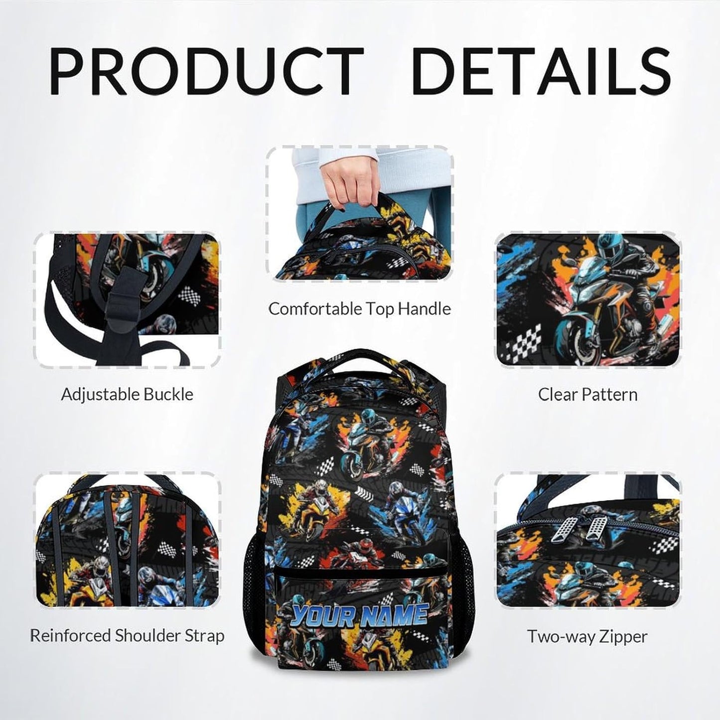 Kids Backpack - Personalized Motorcycle Backpacks with Name for Boys - Custom Toddler Bookbag - Racing School Bag for Kindergarten/Preschool/Elementary(17 Inch)