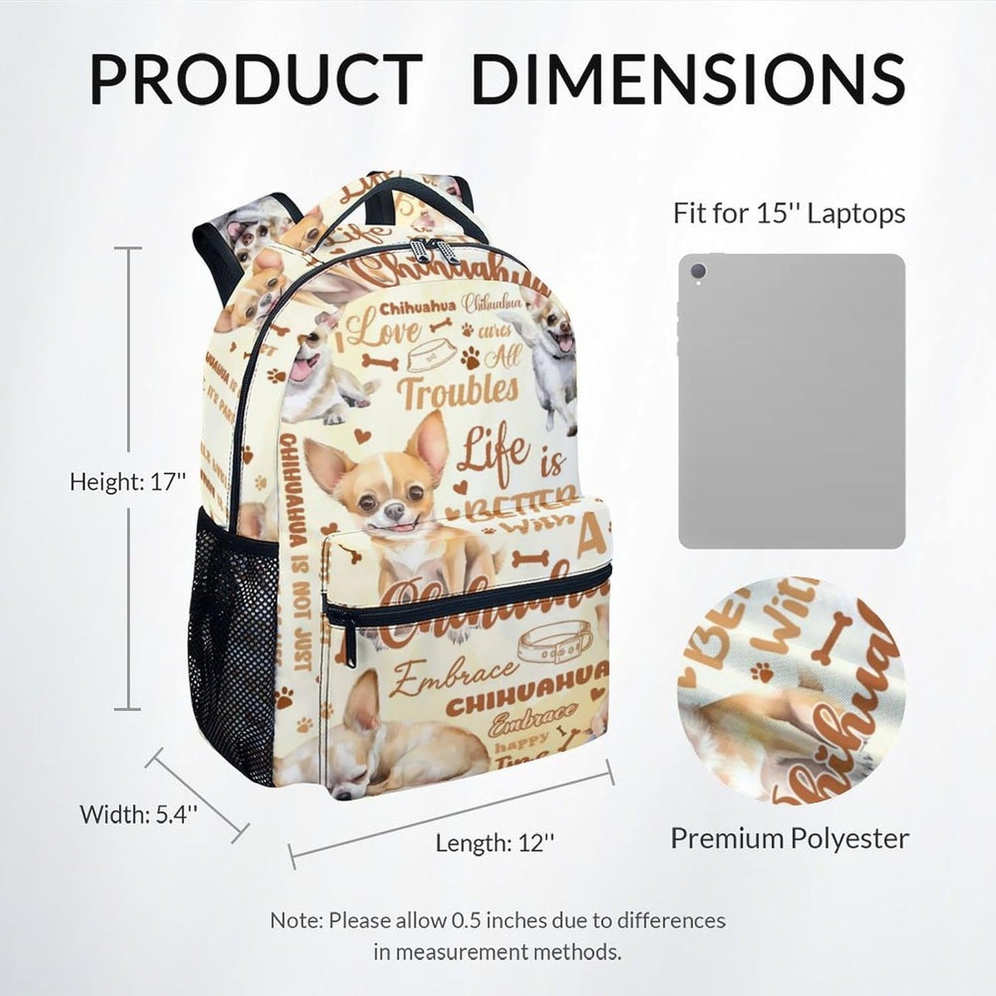 Mercuryelf Backpack for Boys - 17 Inch Dog Bookbag for Primary Middle College - Cute Chihuahua Backpacks for Kids Girls - Children's School Bag