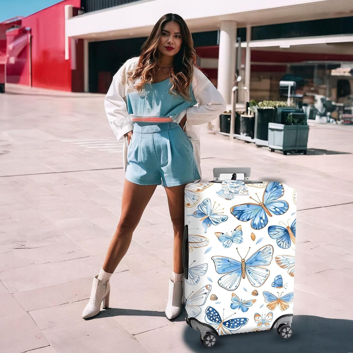 Travel Luggage Accessory Kit, Watercolor Butterflies Theme Suitcase Cover, Luggage Tag, Handle Wrap, Washable Zipper Close Luggage Protector (18-20 inch, S)