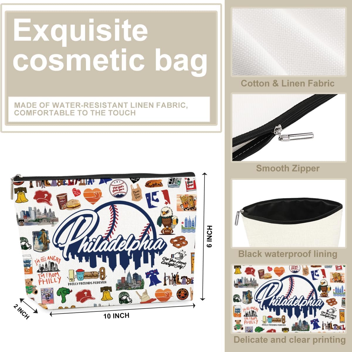 4PCS Philadelphia Themed Makeup Bag - Philadelphia Souvenirs Gift for Women, Best Friend, Sister - Travel Friendly Cosmetic Bag, Birthday Christmas Gifts