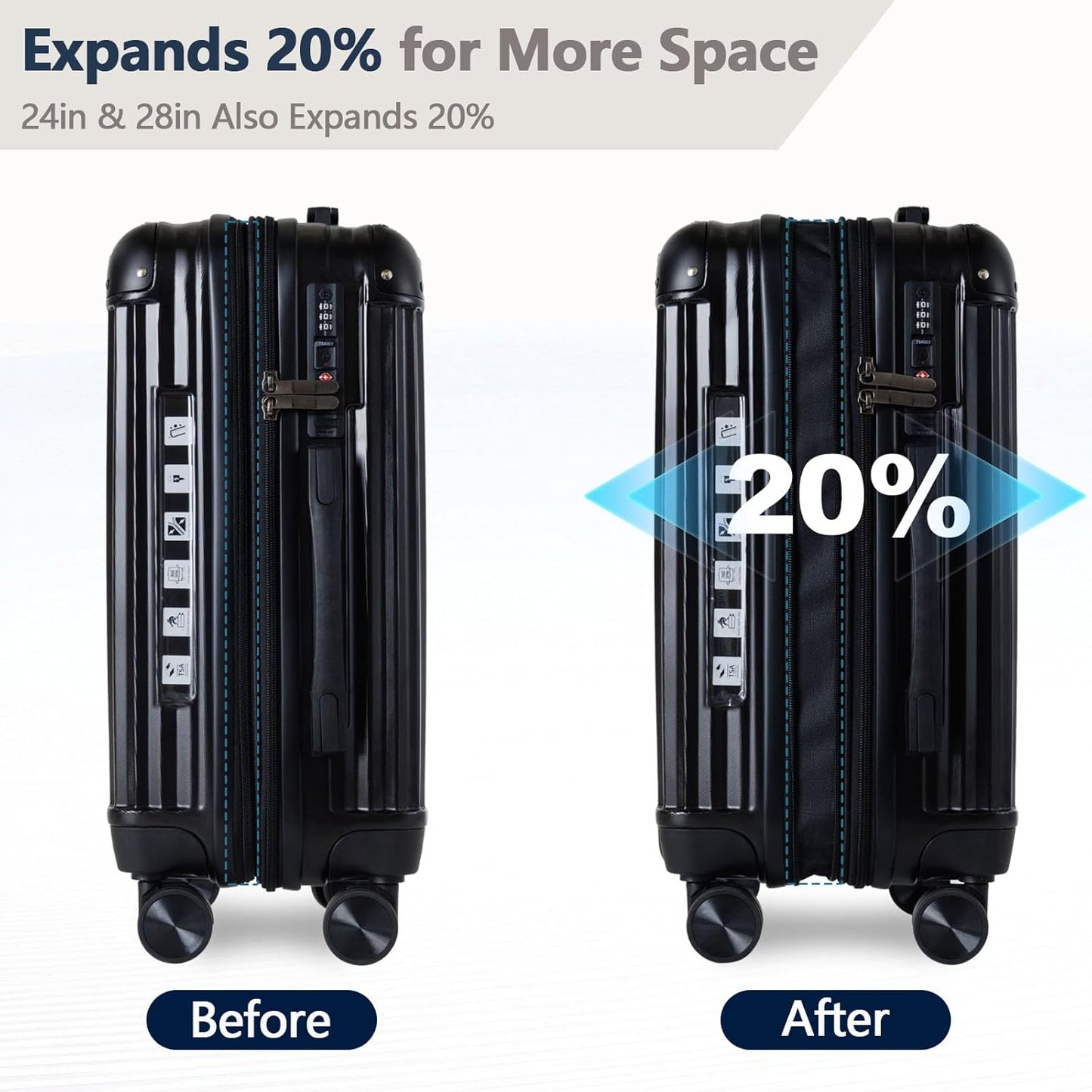 OUZZO 3-Piece Luggage Set, Hard-Shell Suitcases with USB Charging Port, 20/24/28-inch Spinner Wheels, Corner Protectors, TSA Approved, Expandable Luggage, Black