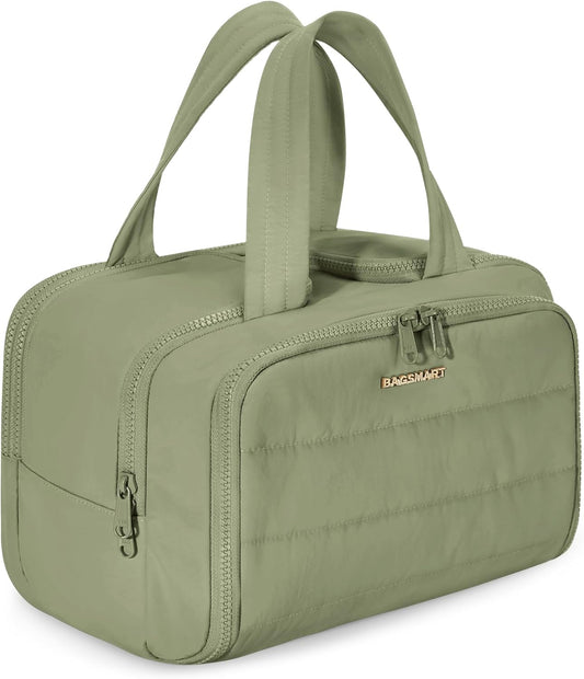 BAGSMART Travel Toiletry Bag, Lightweight Large Wide-open Travel Bag for Women, Puffy Cosmetic Makeup Bag Organizer with Handle for Accessories,Essentials, Toiletries, Green