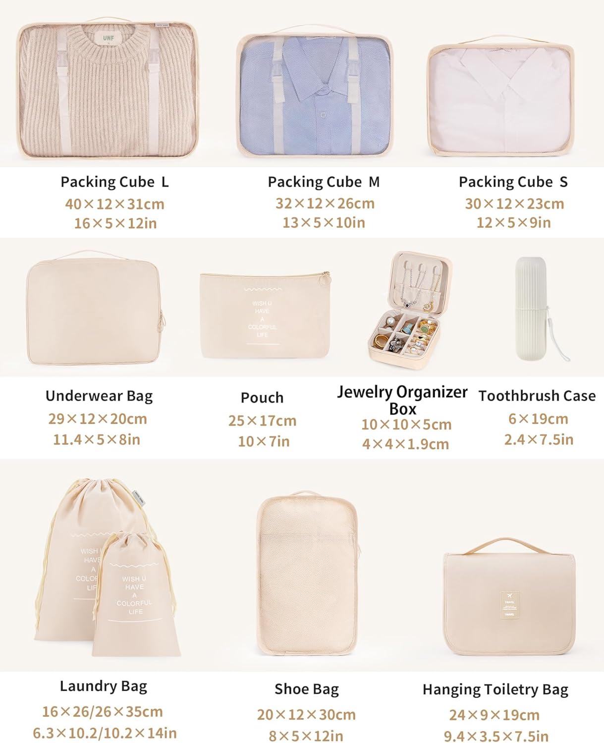 Packing Cubes 11 Set, Suitcase Organizers, Luggage Organizer Bags, with Toiletry Bag, Travel Essentials, Beige, Cream