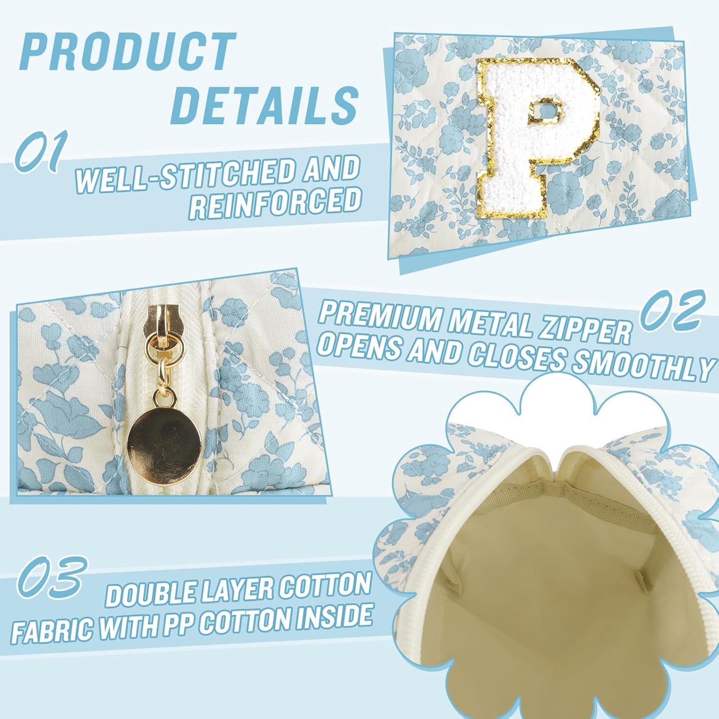 Personalized Quilted Cosmetic Bag, Puffy Monogrammed Christmas Birthday Gifts for Women & Girls, Cute initial Floral Makeup Bag Puffer Coquette Bag, Aesthetic Travel Toiletry Zipper Pouch(Blue,P)