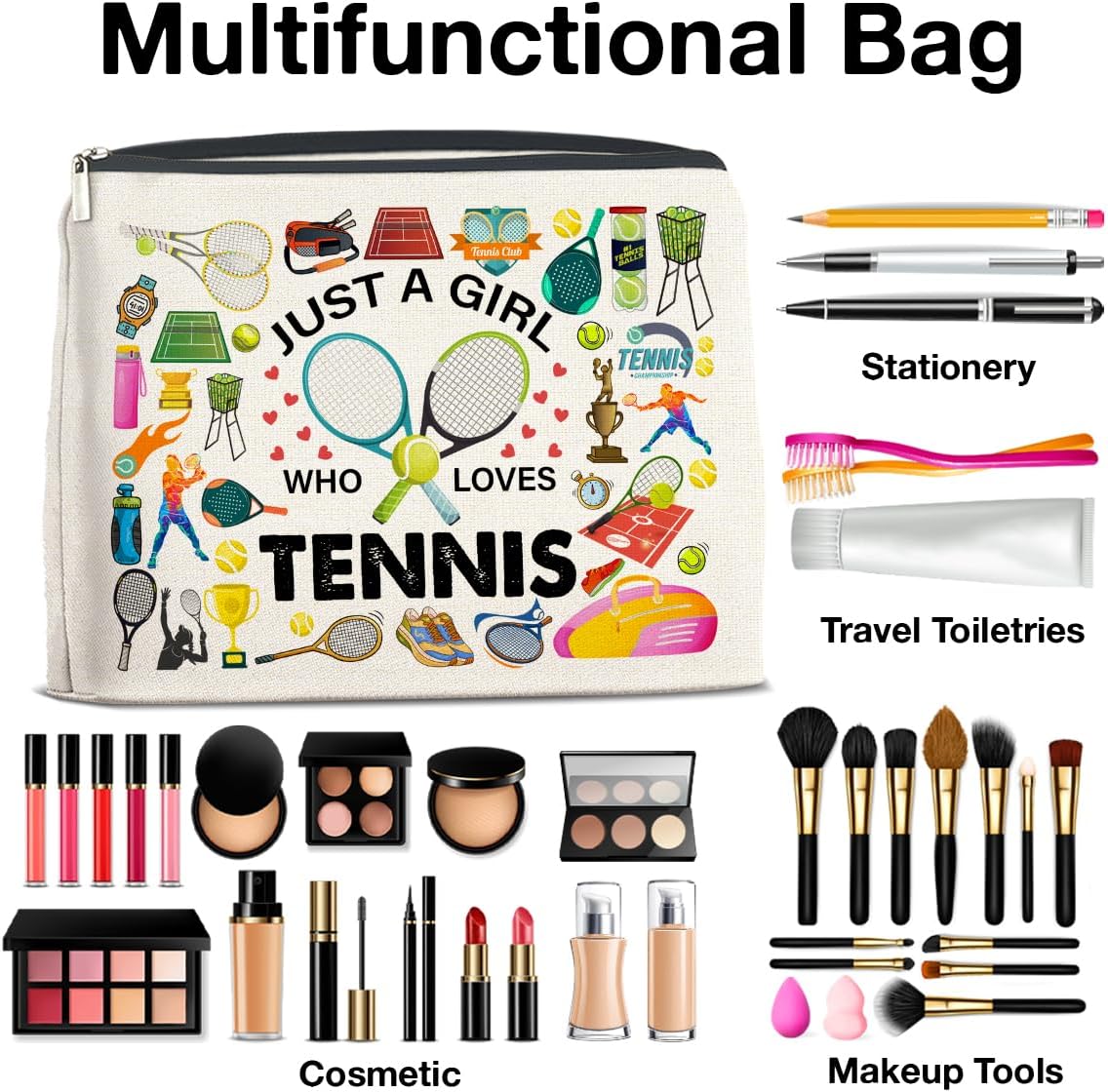 Tennis Gifts Makeup Bag Tennis Lover Gifts for Girls Women Tennis Lover Cosmetic Bag Tennis Team Gifts Just a Girl Who Loves Tennis Zipper Makeup Pouch