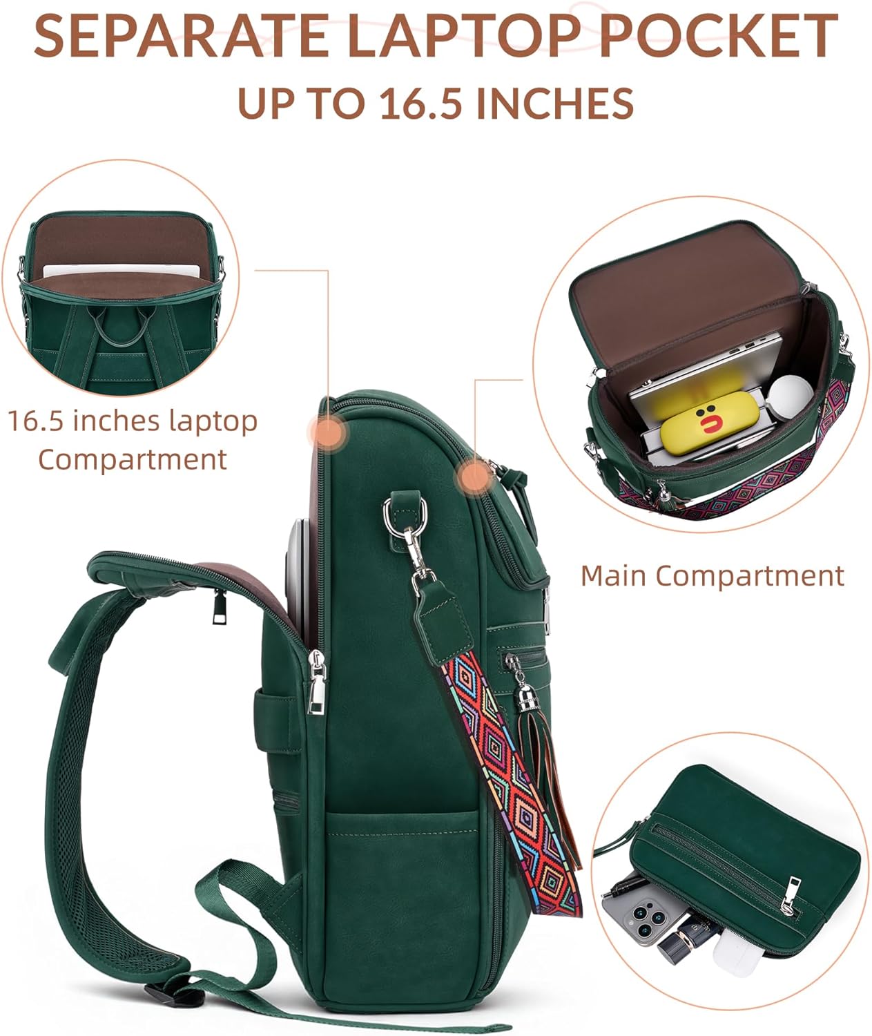Leather Laptop Backpack for Women Designer Laptop Bag, 16.5 inch Travel Computer Backpacks Purse with Tassel for Work Business with Satchel Purse Green