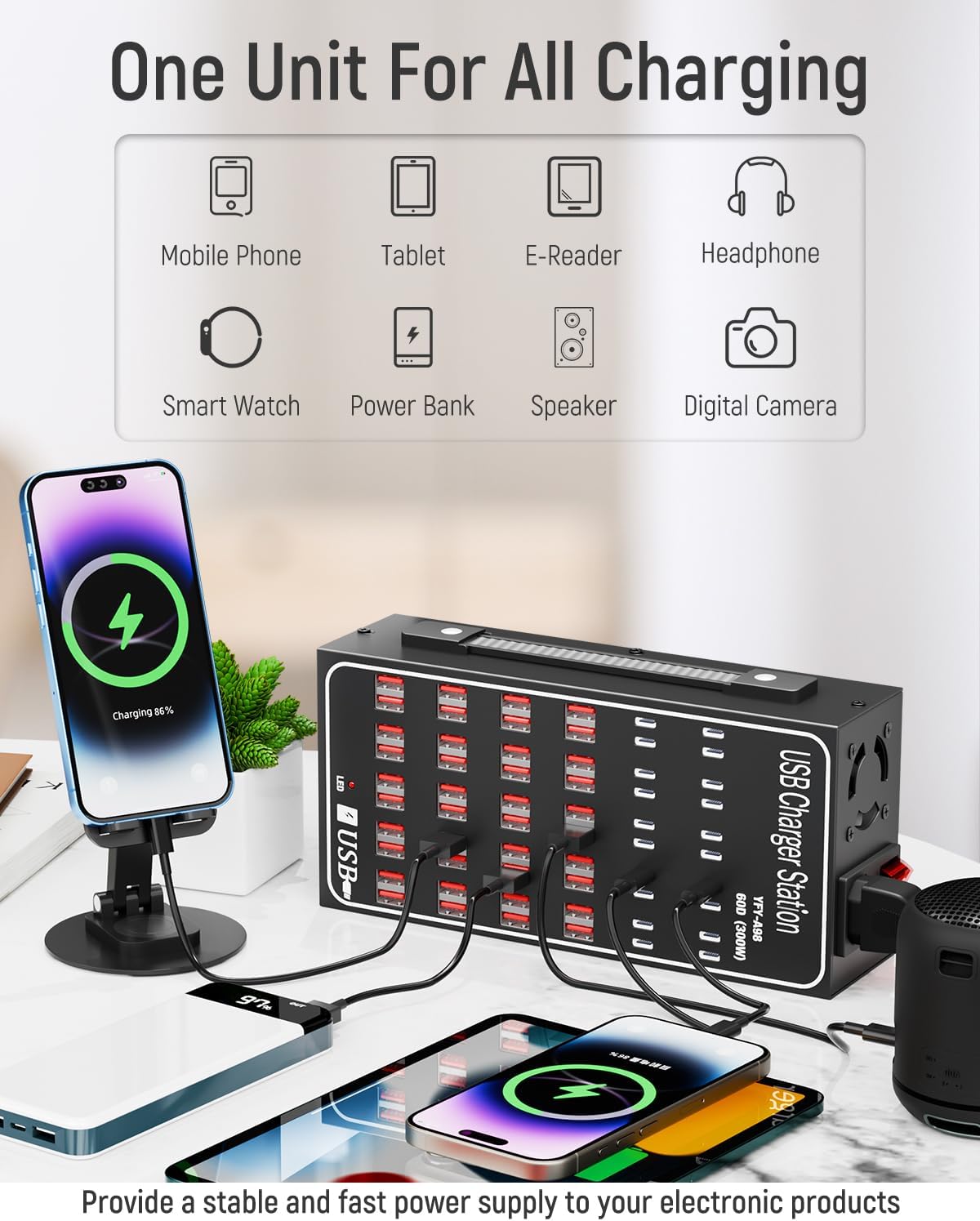 60 Port 300W(60A) USB Charging Station, Multi USB C Charger Station Block with Intelligent Protection, Desktop Charging Station for Multiple Devices, Suitable for Schools, Hotels, Shops and Malls