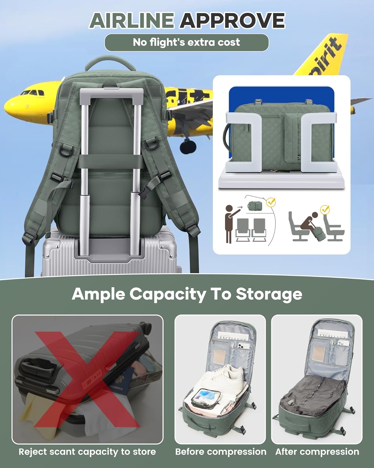 Travel Vacuum Storage Backpack with Air Pump Vacuum Seal Compression Space Saver Bags Clothing Vacpack 18x14x8 inches Travel Bag Carry on Personal item Laptop Work Backpacks Women DarkGreen