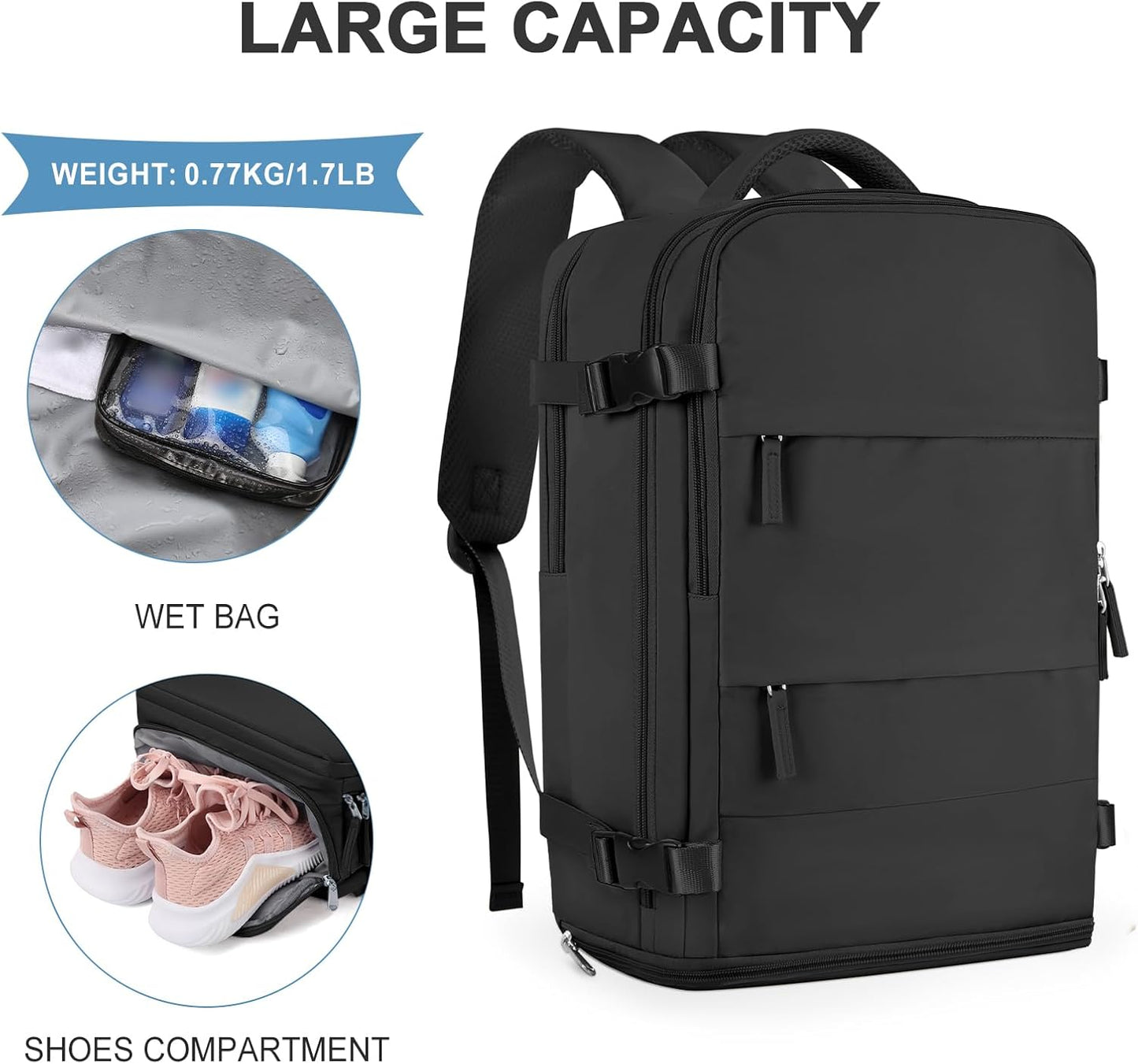 coowoz Travel Backpack For Women Men,Carry On Backpack,Hiking Backpack Waterproof Outdoor Sports Rucksack Casual Daypack Travel Essentials(Black) 25L