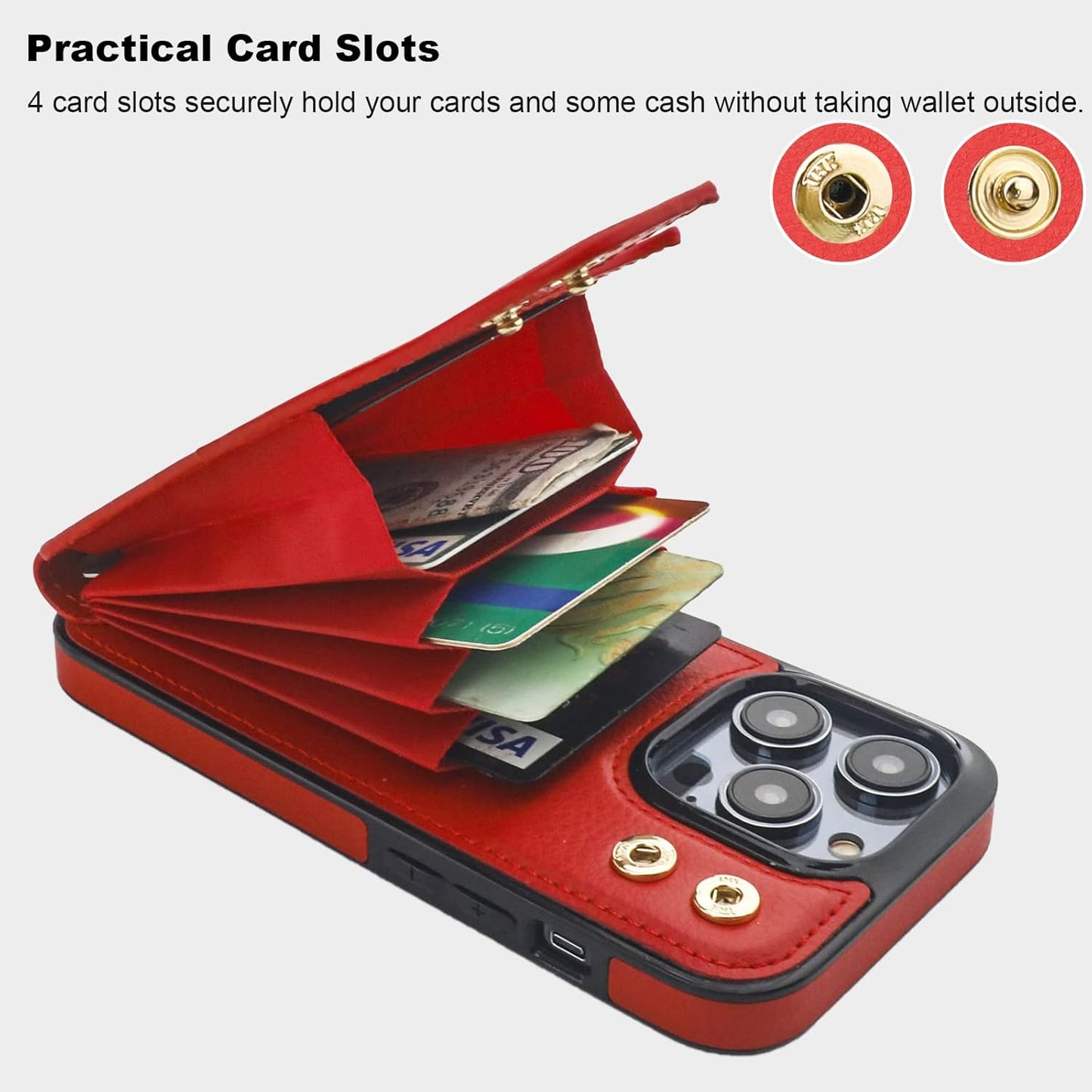 Folosu Compatible with iPhone 14 Pro Case Wallet with Card Holder, 360°Rotation Finger Ring Holder Kickstand, RFID Blocking Leather Protective Double Buttons Shockproof Cover 6.1 Inch Red