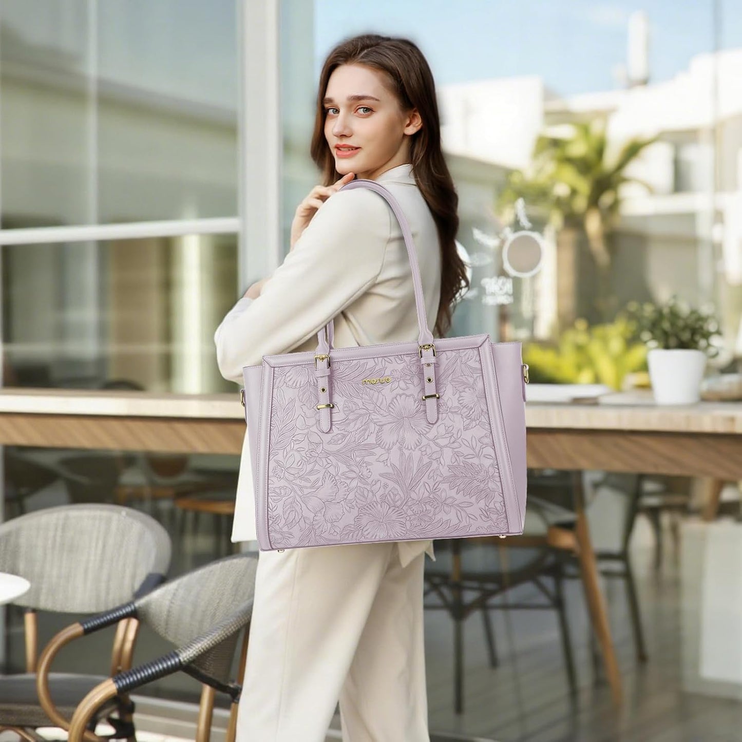 MOSISO Laptop Bag for Women, PU Leather Tote Bag, Front Embossed Retro Hibiscus Computer Bags with