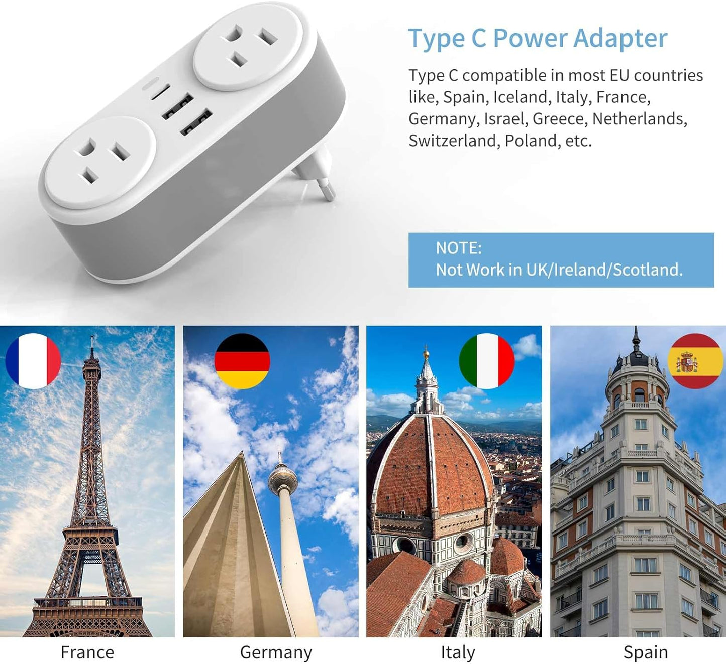 2 Pack European Travel Plug Adapter, CHUAFIUR US to Europe Plug Adapter with 2 Outlets 3 USB Charging Ports, PD 20W Fast Charger with Type C Travel Essentials to Most EU Spain Italy France Germany