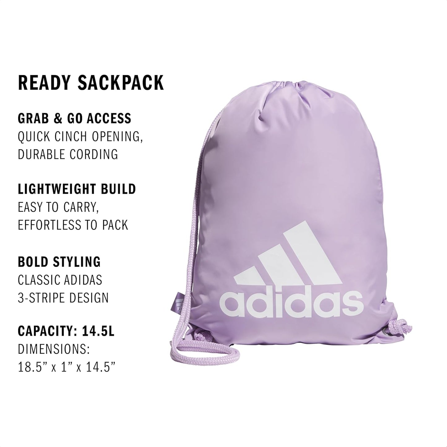 adidas Ready Sackpack – Drawstring Backpack Lightweight Small Gym Bag, Powder Plum Purple/White/1.0, One Size