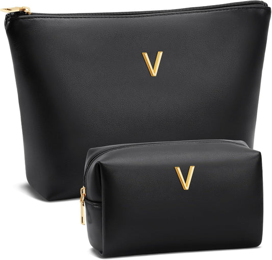 Women Gifts | Initial Makeup Bag Set for Girl Personalized Gifts for Bridesmaid Friend Graduation Teachers PU Leather Cosmetic Travel Toiletry Bag(Black,V)