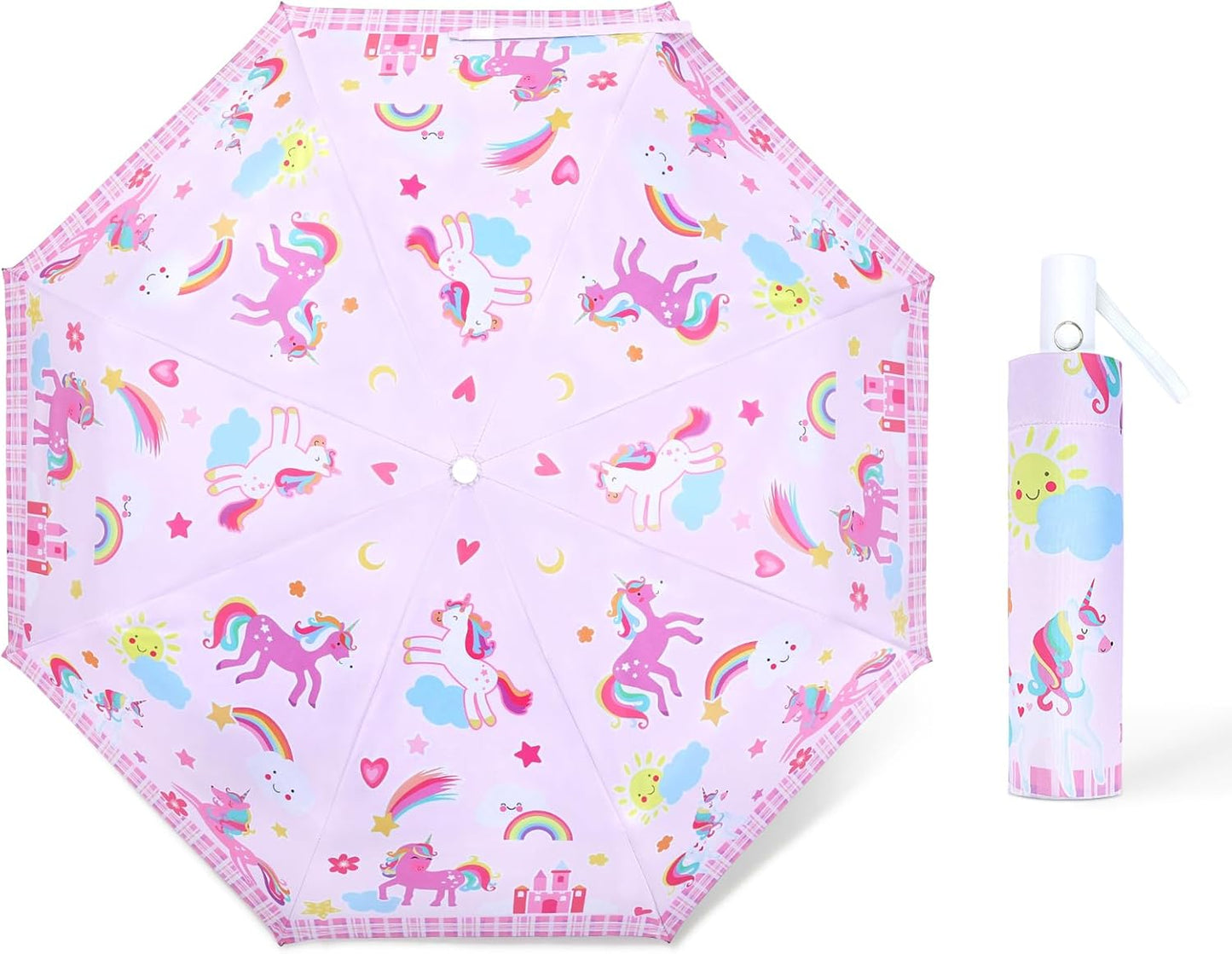 Kids Folding Umbrella Auto Open/Close Anti-rebound Safe Design UV Resistant Automatic Children Travel Umbrellas 8 Rib Reinforced Canopy 360° Reflective Strip Lightweight Cute Umbrella for Girls & Boys
