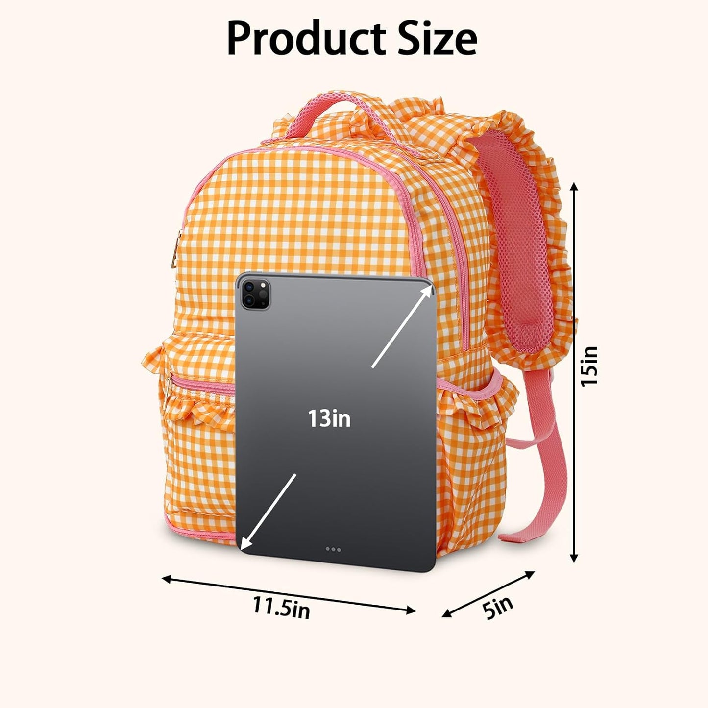 DYSHAYEN Kids Backpack for Girls, 15" Ruffled Backpack for School Kindergarten Bookbag 5-8, Fully Opened Compartment (Orange Gingham)