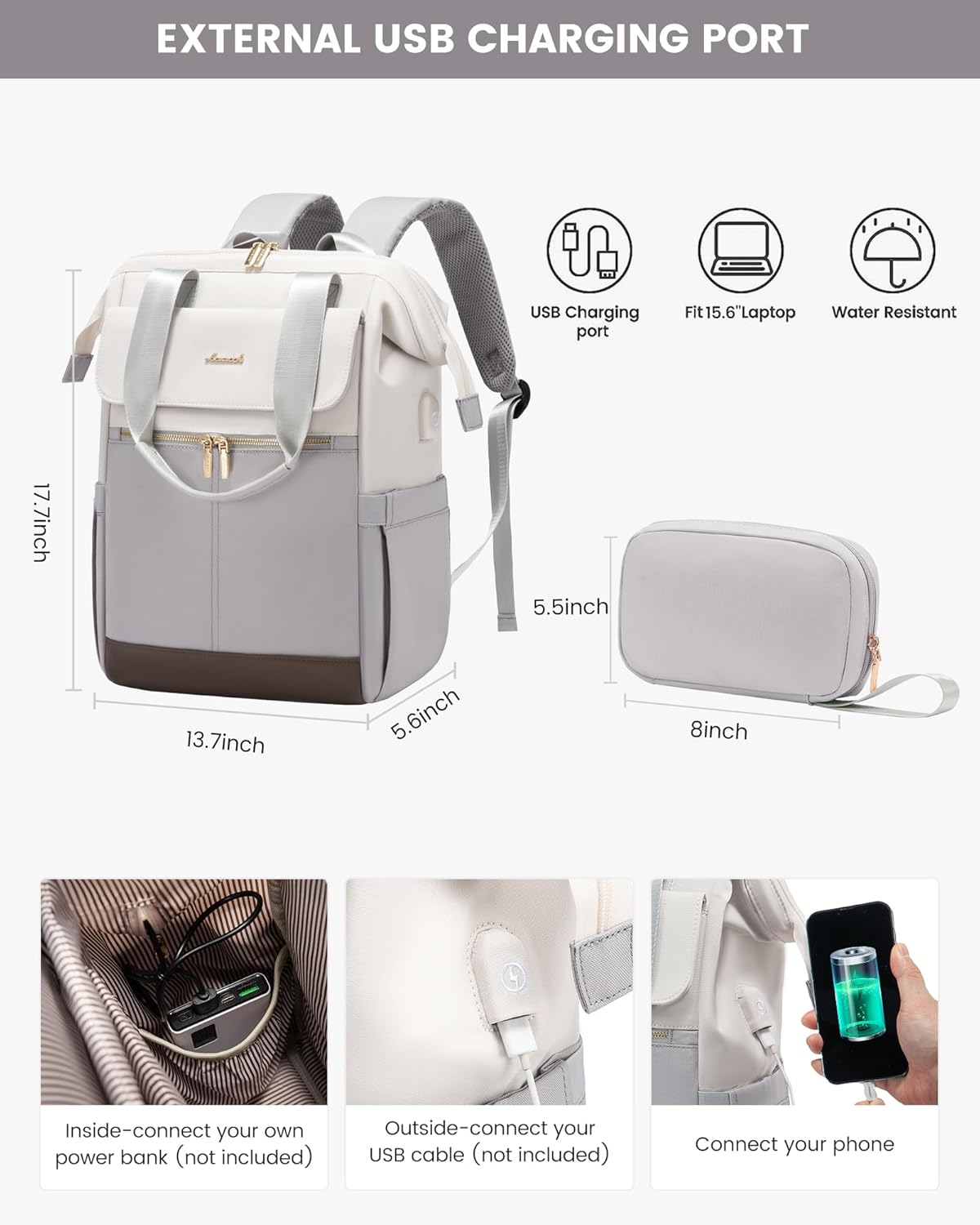 LOVEVOOK Laptop Backpack for Women, 15.6 Inch Work Laptop Bag with USB Port, Fashion Teacher Nurse Backpack Purse, Waterproof Travel Computer Backpack with Organizer Bag, 2PCS, Beige-Light Grey