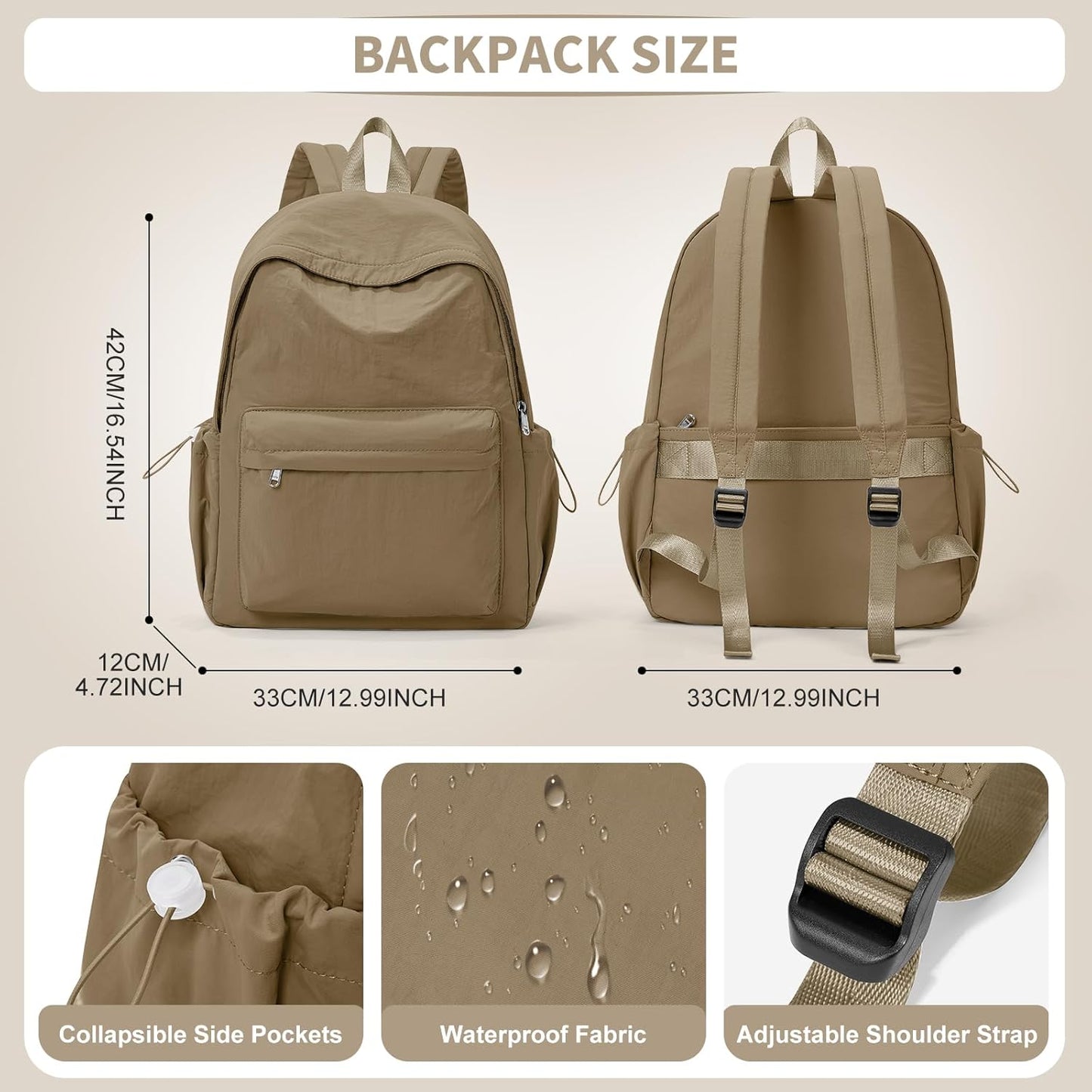 Simple School Backpack For Women Men Aesthetic Medium Backpack Lightweight Casual Daypack College Backpacks Cute Bookbag for Teens Girls Boys Basic Bagpack（Brown）