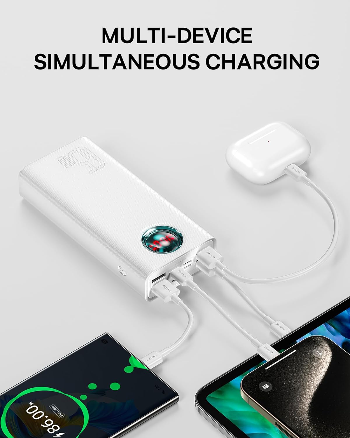 Baseus 30000mAh 65W Portable Charger, Laptop Power Bank with Digital Display, 7-Ports for MacBook Pro/Air, iPhone 16/15/14, iPad, Samsung Galaxy, Steam Deck, ASUS ROG Ally - PD3.0/QC4.0 (White)