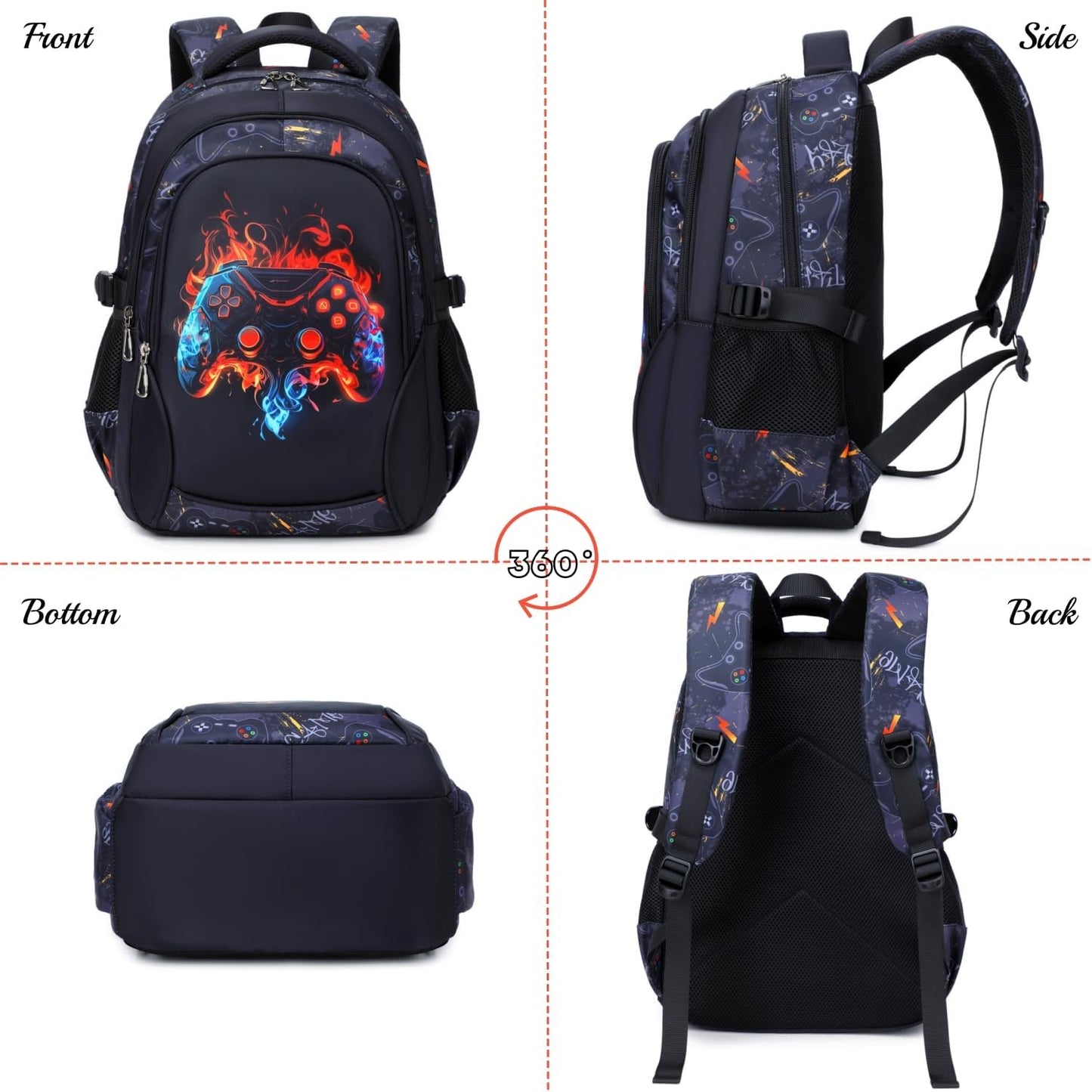 Boys Backpack Elementary School Bookbag Waterproof Durable Sturdy Kids Schoolbag Casual Travel Daypack(1-Black-game)