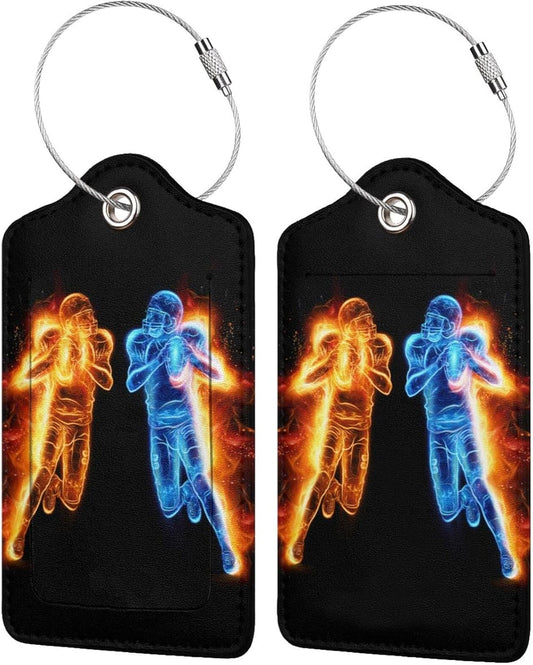 2 Packs Boys Mens Luggage Tags with Blue Gold Fire Football Players Pattern for Suitcases for Travel, Sports Leather Luggage Identifiers Baggage Labels with Stainless Steel Loop & Privacy Cover