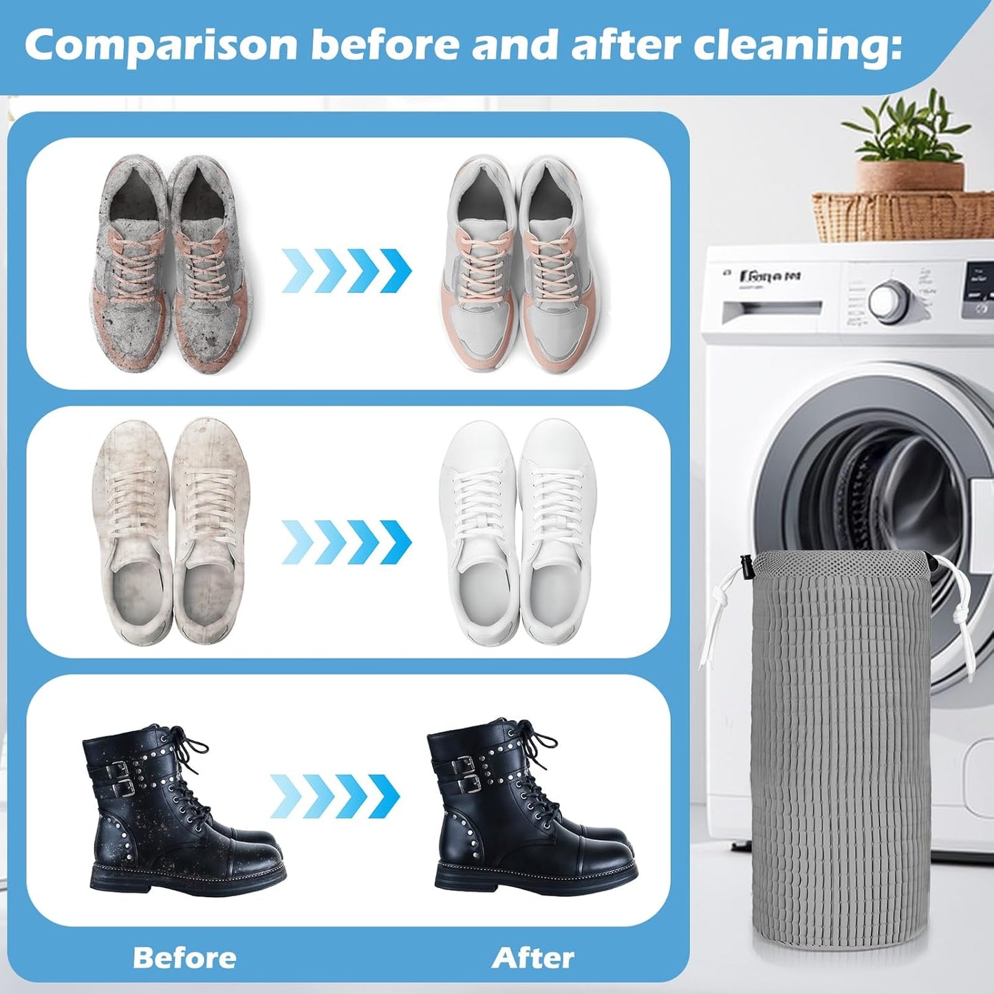 2Pcs Shoe Washing Machine Bag, Reusable Shoe Laundry Bag, Sneaker Washing Machine Bags, Shoe Cleaning Wash Bag with 360° Cleaning Fibers & Adjustable Drawstring, Fits Most Shoes Washer (Gray)