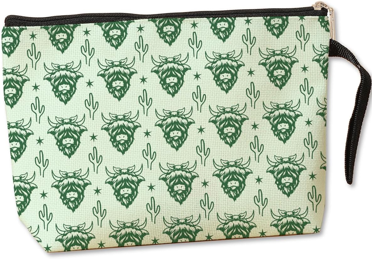 Highland Cow Makeup Bag, Western Cosmetic Bag, Western Gifts for Women, Cowgirl Makeup Bag, Cowgirl Stuff, Western Stuff for Women, Country Girl Gifts, Country Zipper Pouch Bag Travel Bag -7 Green