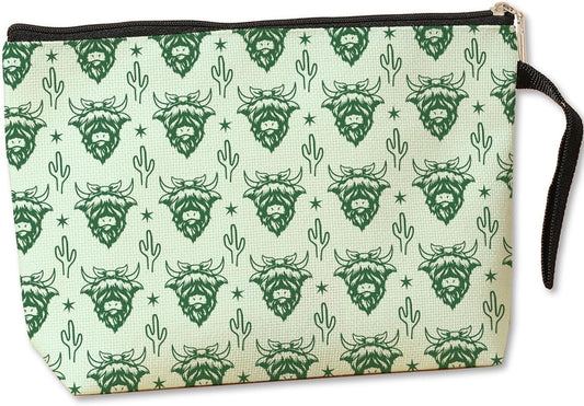 Highland Cow Makeup Bag, Western Cosmetic Bag, Western Gifts for Women, Cowgirl Makeup Bag, Cowgirl Stuff, Western Stuff for Women, Country Girl Gifts, Country Zipper Pouch Bag Travel Bag -7 Green