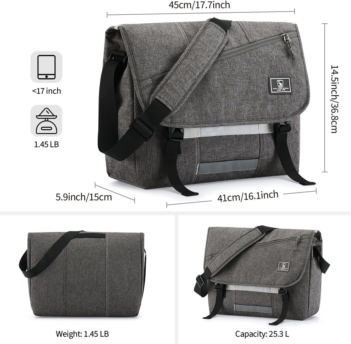 OIWAS Messenger Bag for Women, 17 Inch Laptop Crossbody Bags Men Casual Satchel Shoulder Bag College Travel Office Briefcase (Grey, 17 inch)