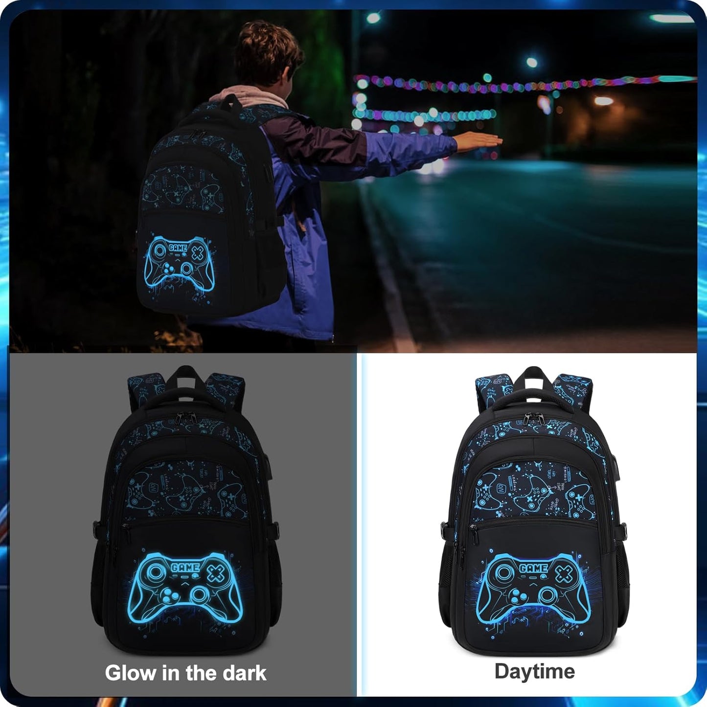 Boys Backpack for School, 3PCS Cool Luminous Gamer Backpack for Boys with Lunch Box Pencil Case, Kids Backpacks Bookbag for Teen Boy Elementary Middle High School with USB Charging Port