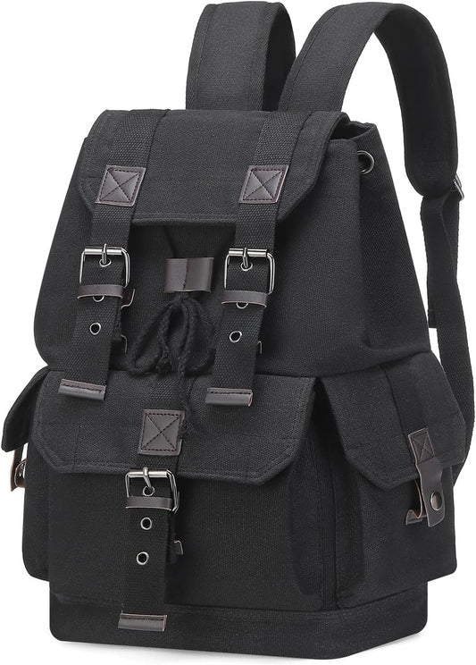 Vintage Canvas Backpack for Men Women, Durable Casual Daypack, Large Capacity Travel Rucksack Fits for Hiking and Daily Use (Black)