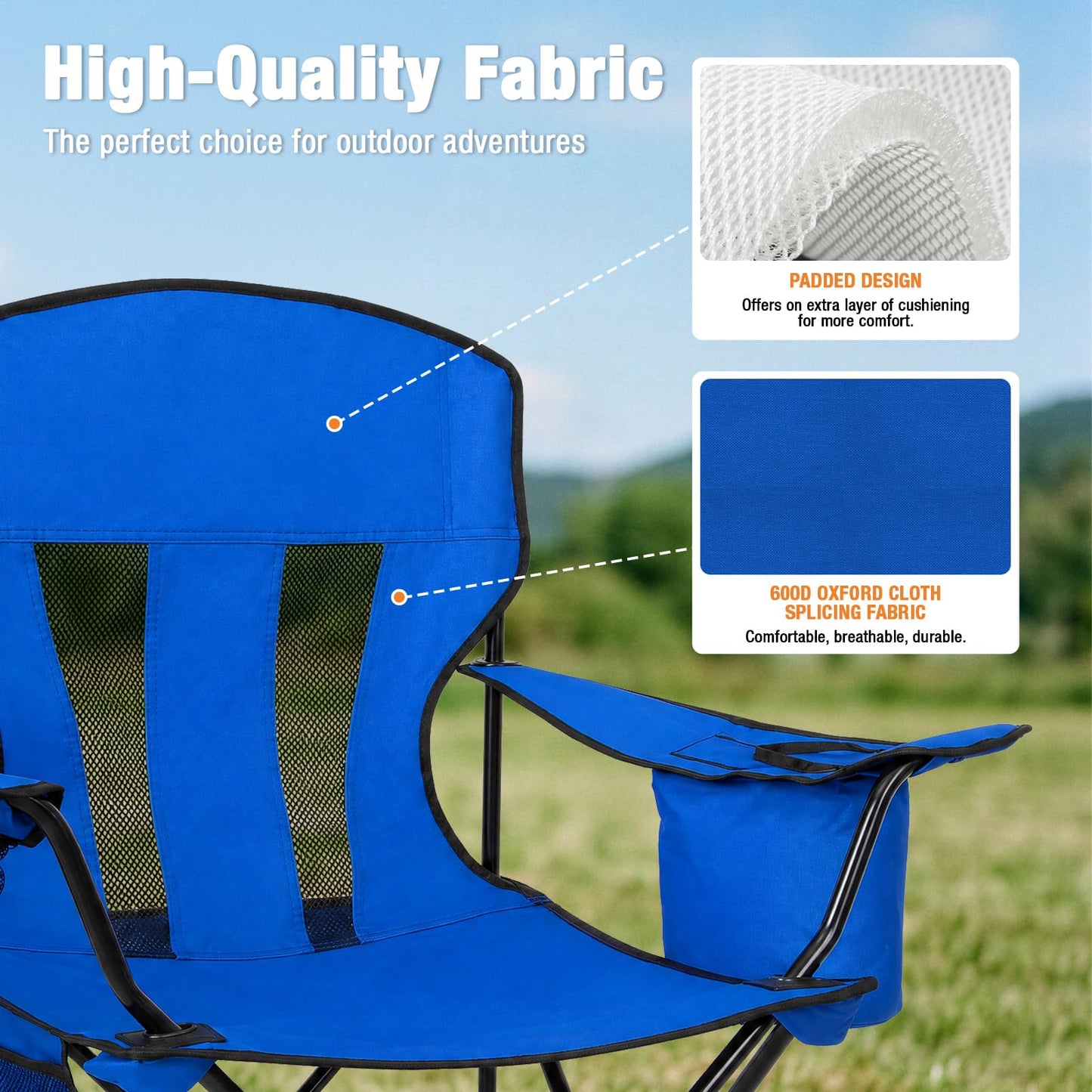 Camping Chairs for Adults 2 Pack, Folding Chair with 4-Can Cooler Bag & Cup Holder, Portable Heavy