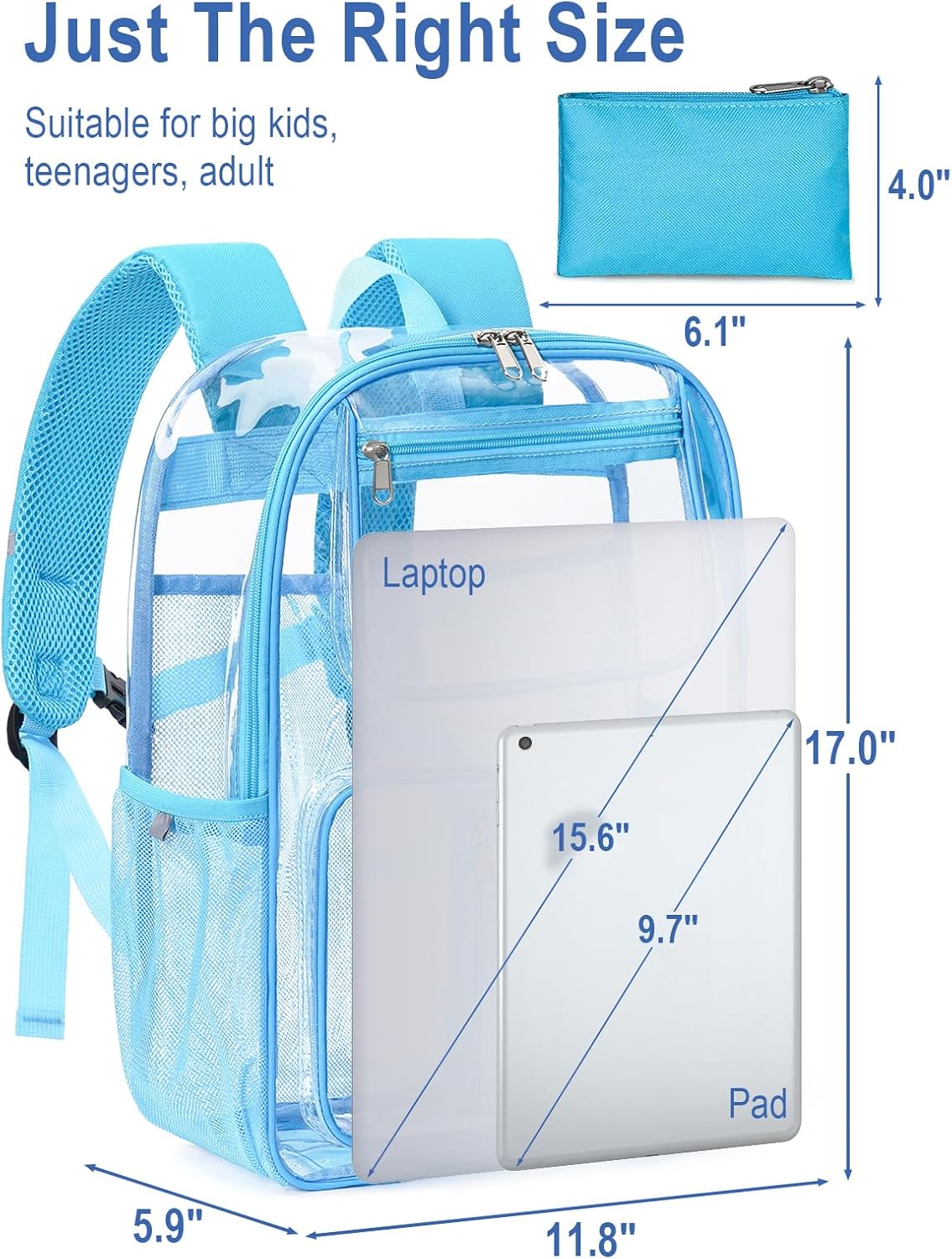 Heavy Duty Clear Backpack For School, 17 Inch Clear Bookbag For Kids Boys Girls Women Men, Large See Through Backpack With An Extra Pouch Accessories, Multi-Pockets Tranparent Bag, Light Blue