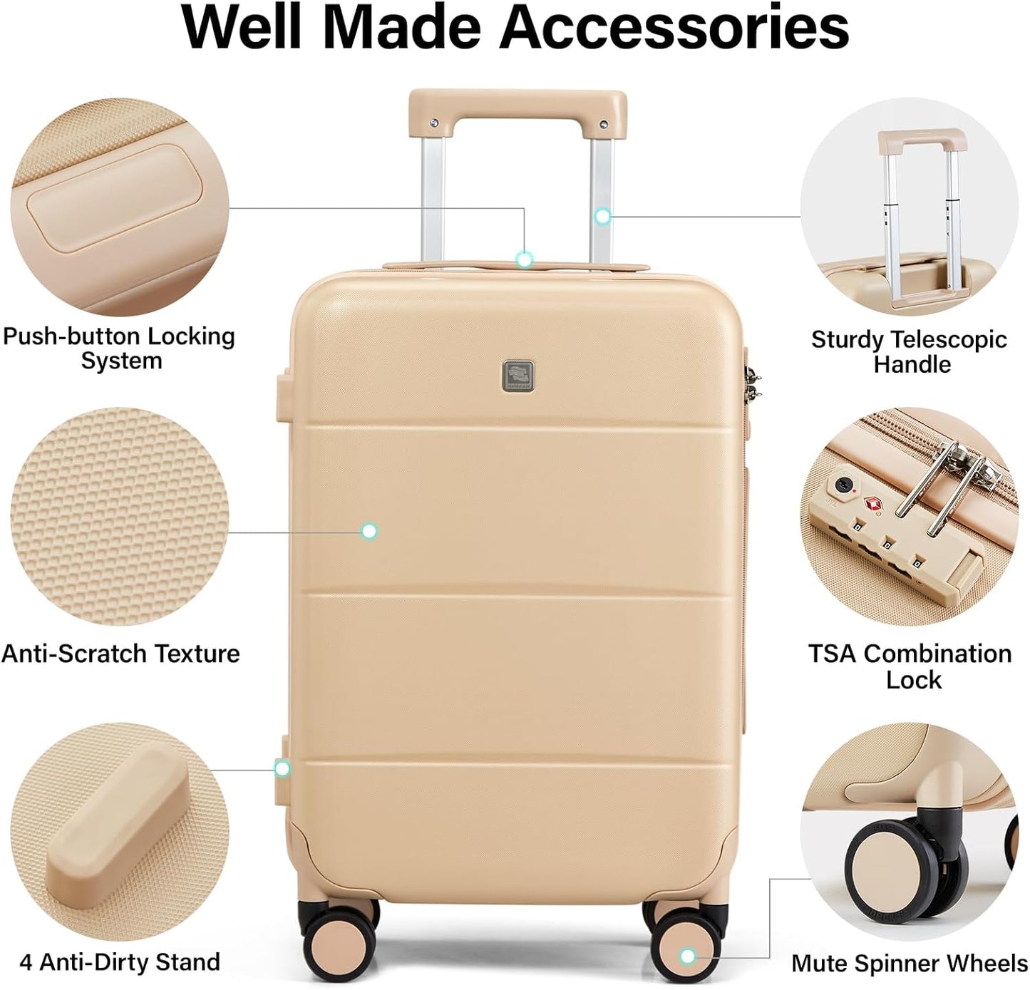 Hanke 20 Inch Carry On Luggage 22x14x9 Airline Approved PC Hard Shell Suitcases with Wheels TSA Luggage for Women Men Lightweight Travel Luggage(Cuba Sand)