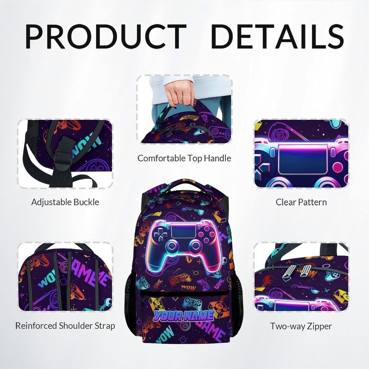 Kids Backpack with Lunch Bag and Pencil - 17 Inch Custom Gamer Backpack Set for Boys Girls - Personalized Cool Gaming School Bag for Primary Middle