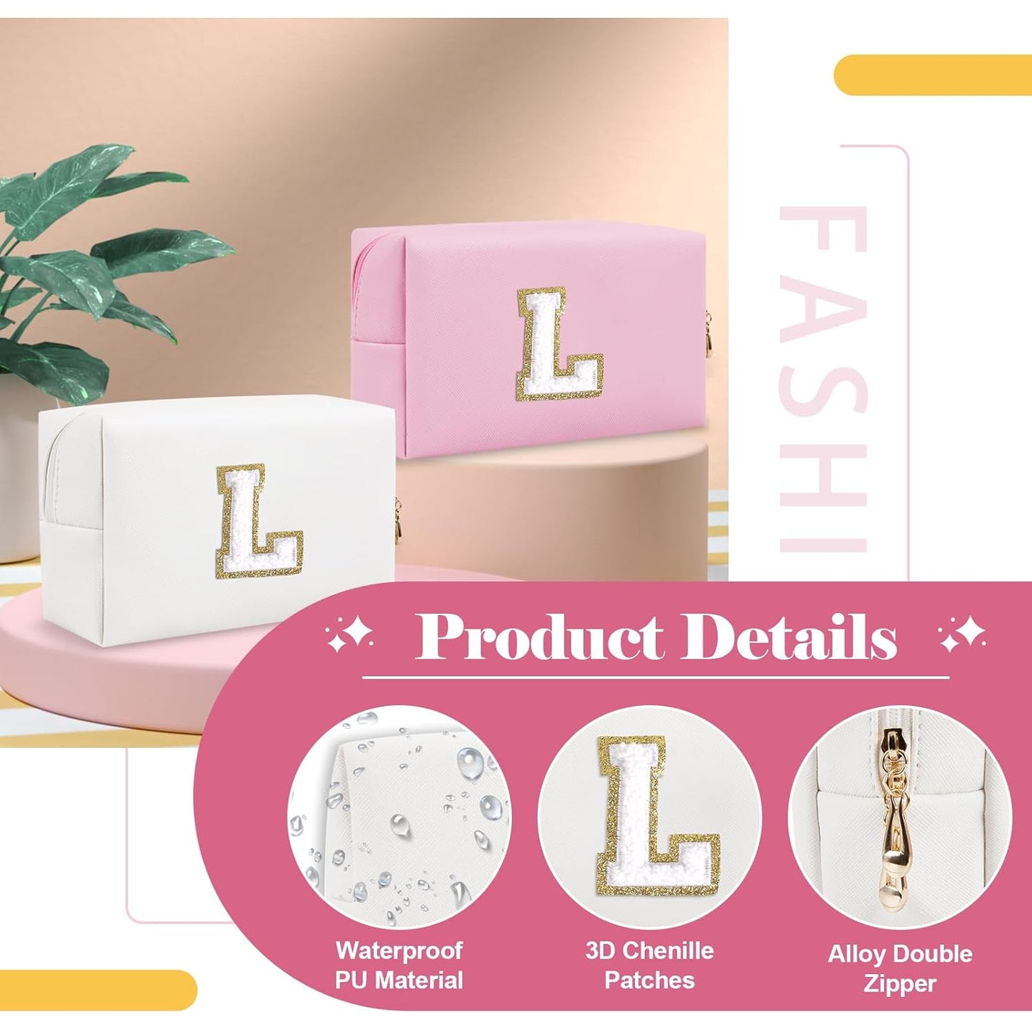 Small Personalized Initial A-Z Preppy Patch Makeup Bag,White PU Chenille Letter Travel Cosmetic Pouch with Zipper,Cute Toiletry Bag,Gift Ideal for Teen Girls Women Teacher Bridesmaid,Letter L