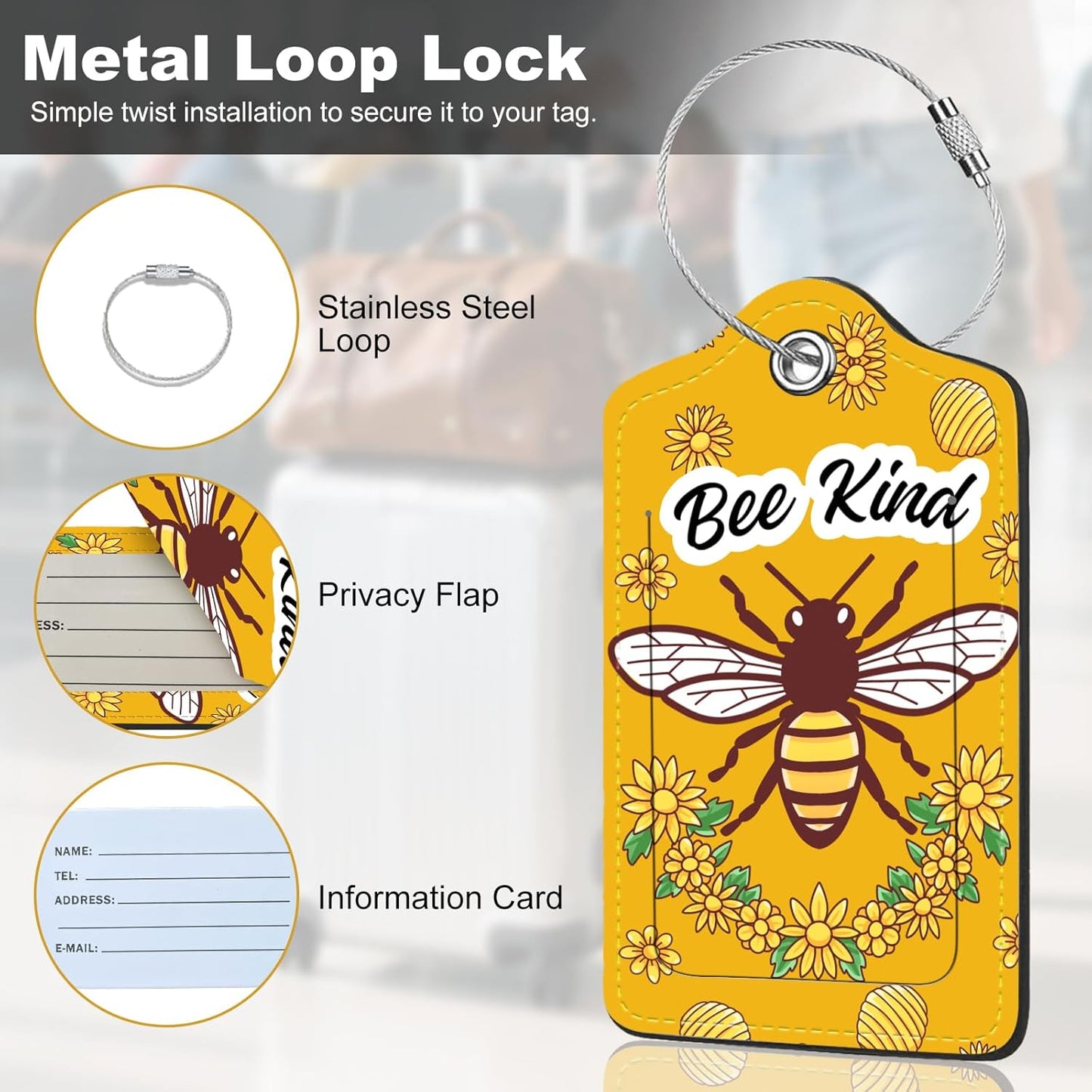 2Pack Luggage Tags for Suitcases, Cute Unique Pu Leather Cruise Luggage Tag with Privacy Cover ID Label Address Card and Metal Ring Suitable for Women Men Kids Travel Bag Bee