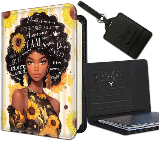 Passport Holder Women Wallet with Luggage Tag, Leather Passport Cover with RFID Blocking, Travel Accessories Multi Card Slot Passport Case for Men，African American Women Black Women