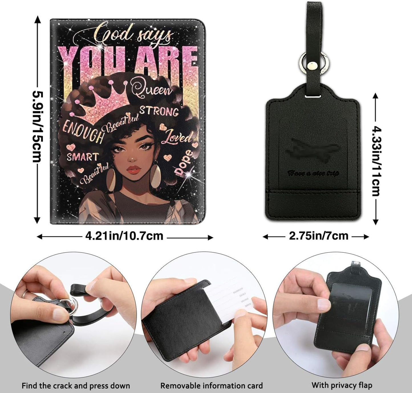 Passport Holder Women Wallet with Luggage Tag, Leather Passport Cover with RFID Blocking, Travel Accessories Multi Card Slot Passport Case for Men，African Girls Inspirational Quotes