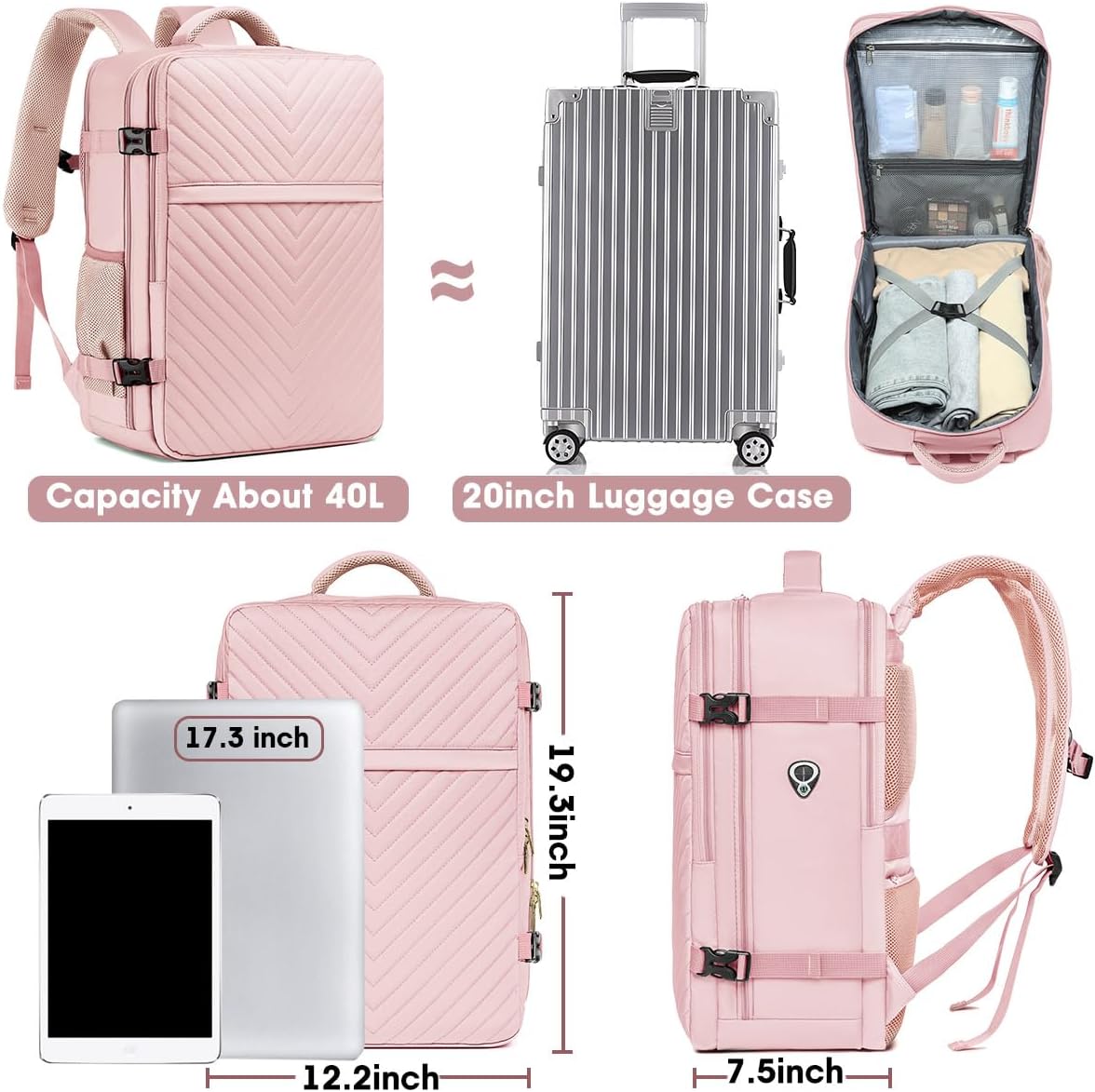 Large Carry On Travel Backpack - Flight Approved Waterproof Luggage Suitcase Backpacks Personal Item Size for Women Men Fit 17 Inch Laptop College Overnight Bag Anti-Theft Weekender Daypack Pink