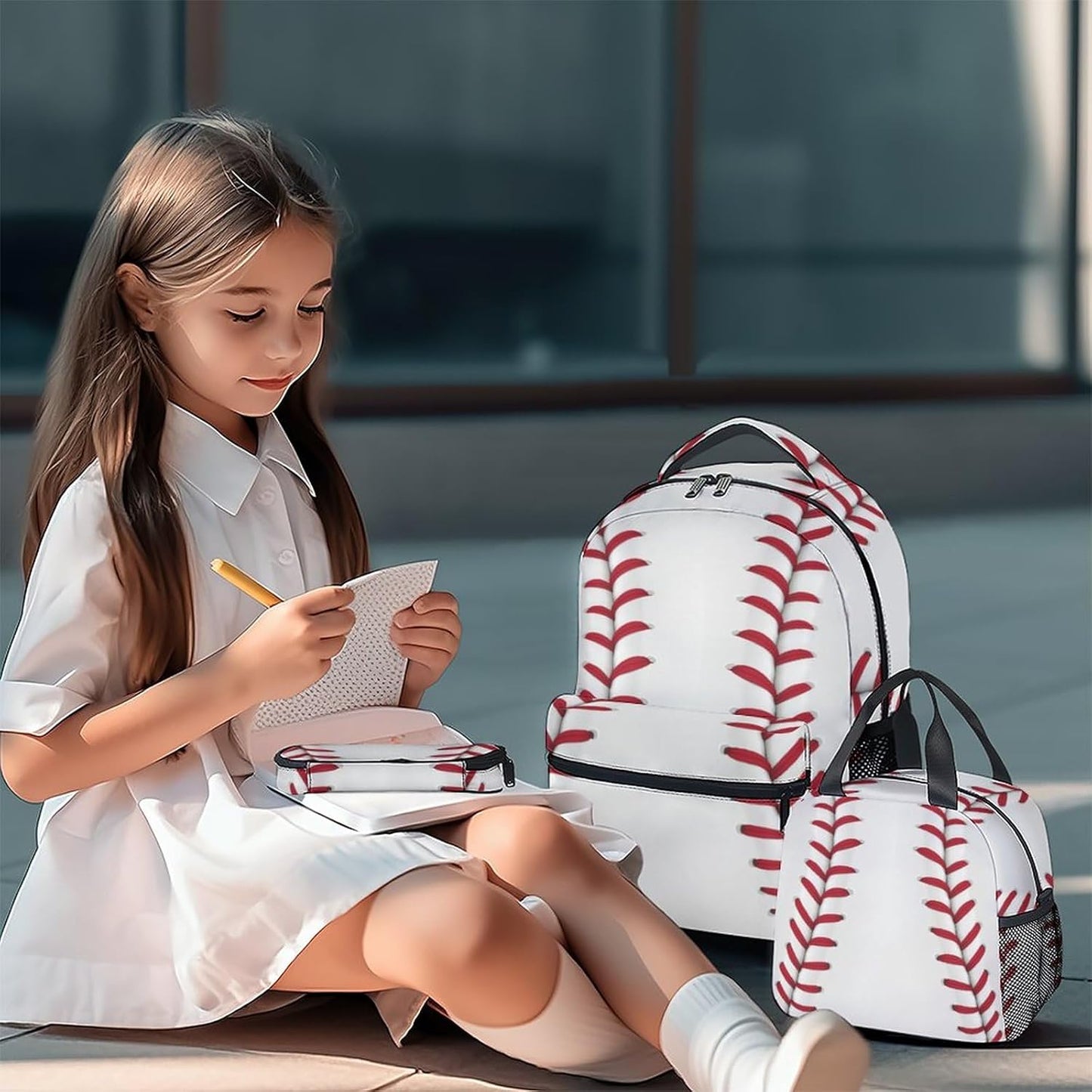 Baseball Backpack with Lunch Box Set for Boys, 3 in 1 School Backpacks Matching Combo, Sports White Bookbag and Pencil Case Bundle