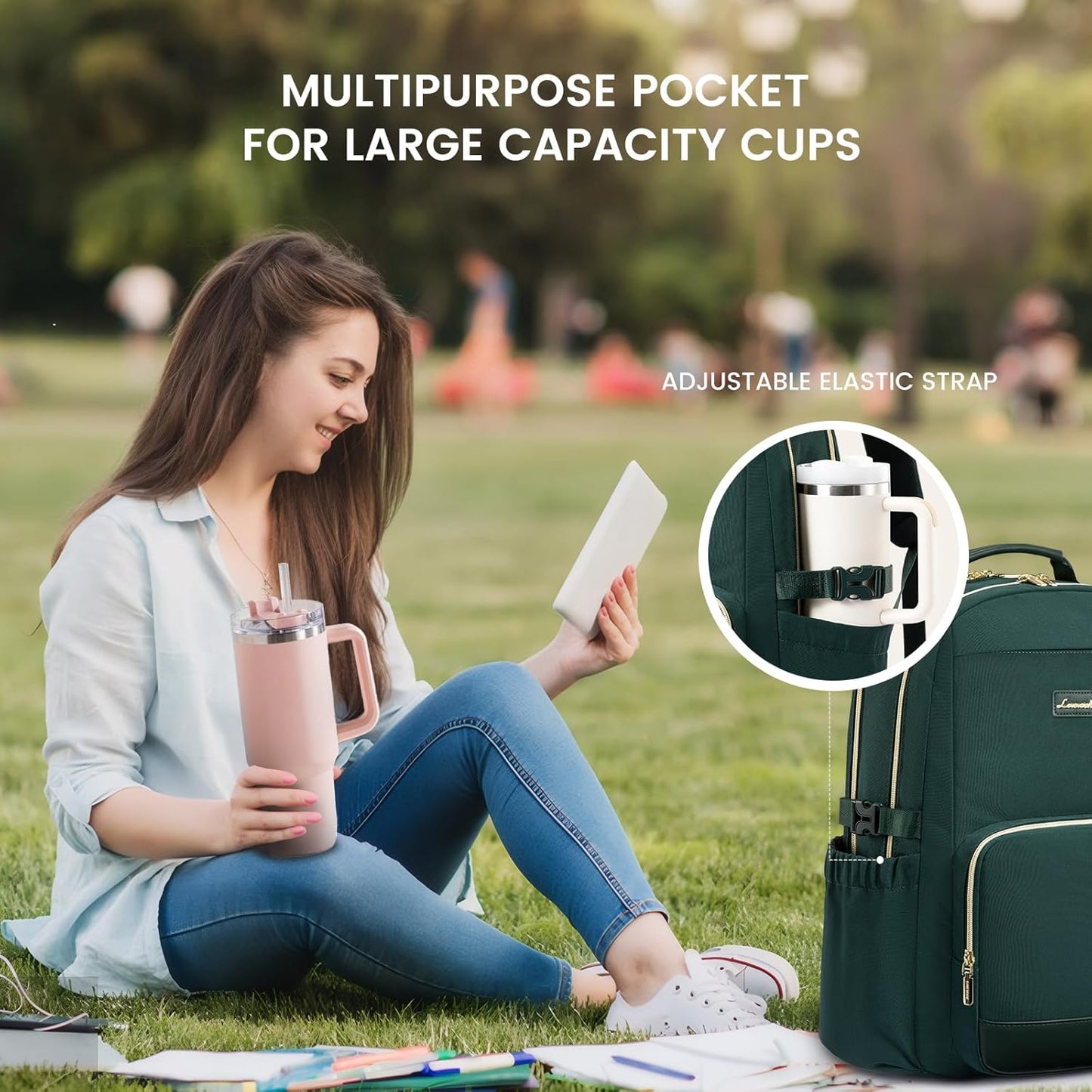 LOVEVOOK Laptop Backpack for Women with Pouch Pocket for Large Capacity Cup,18 Inch Laptop Computer Bag Travel Backpack Purse,Waterproof Work Business Backpack College Teacher Bags,Dark Green
